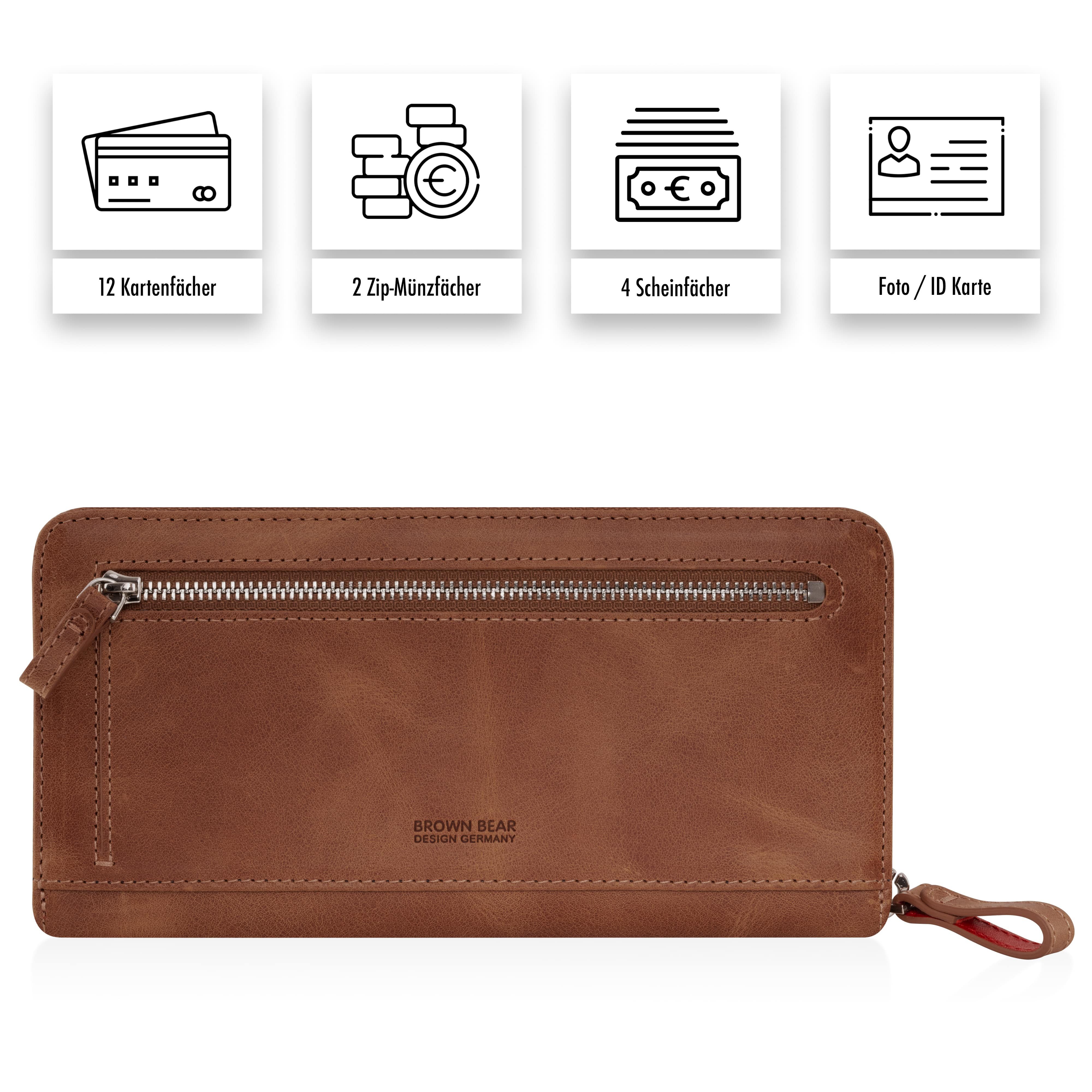 Brown Bear Geldbörse Conny aus Echtleder mit umlaufendem Reißverschluss, mit RFID-Schutz und 13 Kartenfächern Farbe Braun-Vintage – Bild 4 von 5