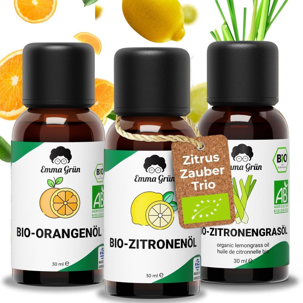 Emma Grün Duftöl Maxi-Set "Zitrus Zauber" eine belebende Mischung (Geschenkset, 1x Orangen- 30 ml, 1x Zitronen- 30 ml, 1x Lemongrasöl 30 ml), Höchste Bio-Zertifizierung, naturrein & ohne Zusätze