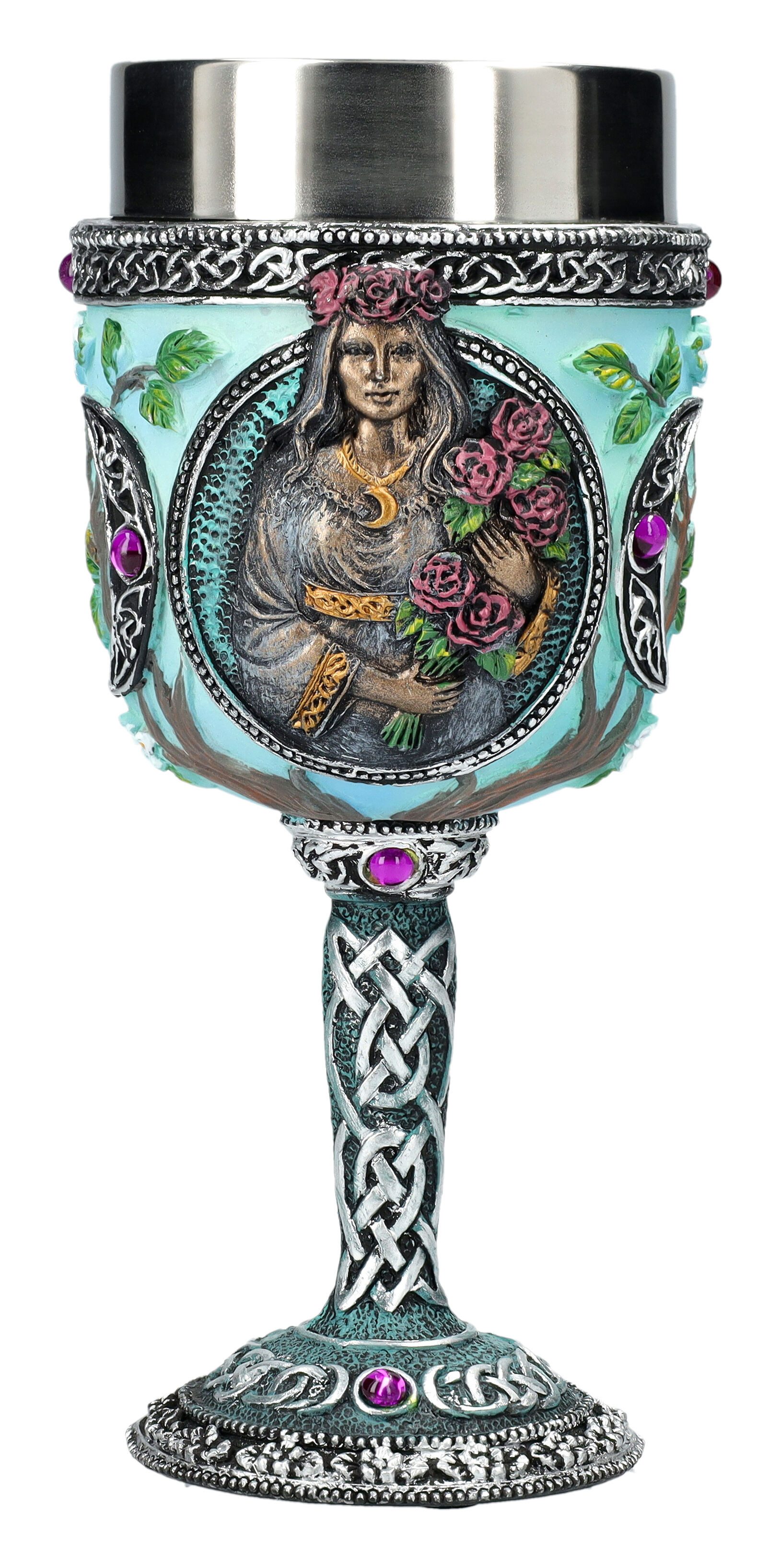 Figuren Shop GmbH Becher Ritual Kelch – Dreifache Göttin Jungfrau Altar Deko 18cm Weinkelch, Kunststein (Polyresin), Edelstahl