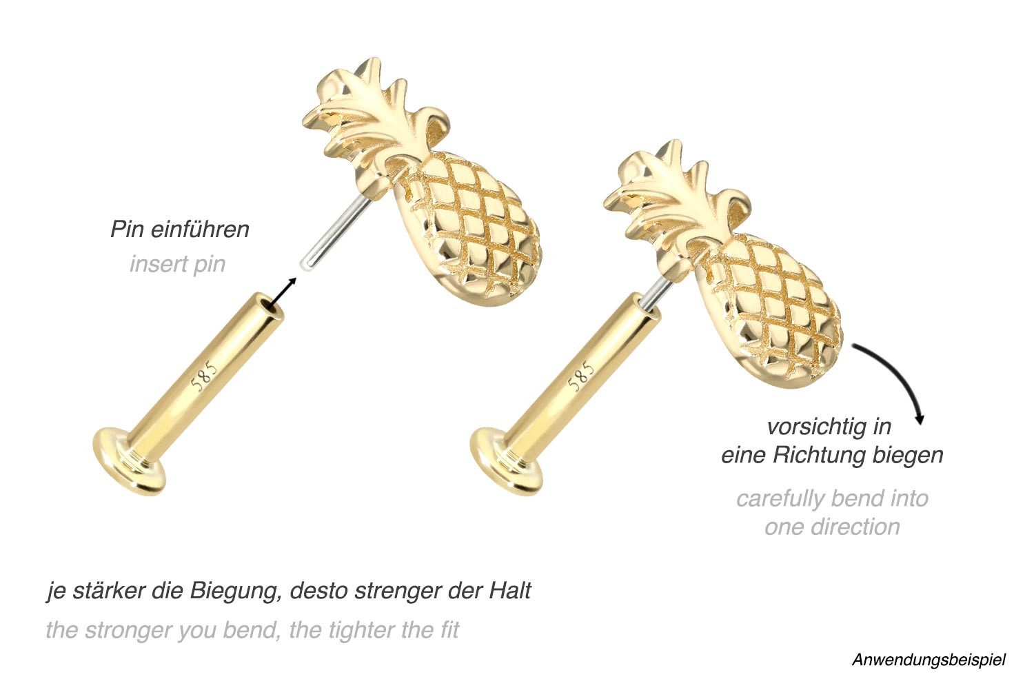 PIERCINGLINE Piercing-Set 14 Karat Gold Labret mit Push Fit ANANAS (Labrets, 1-tlg)