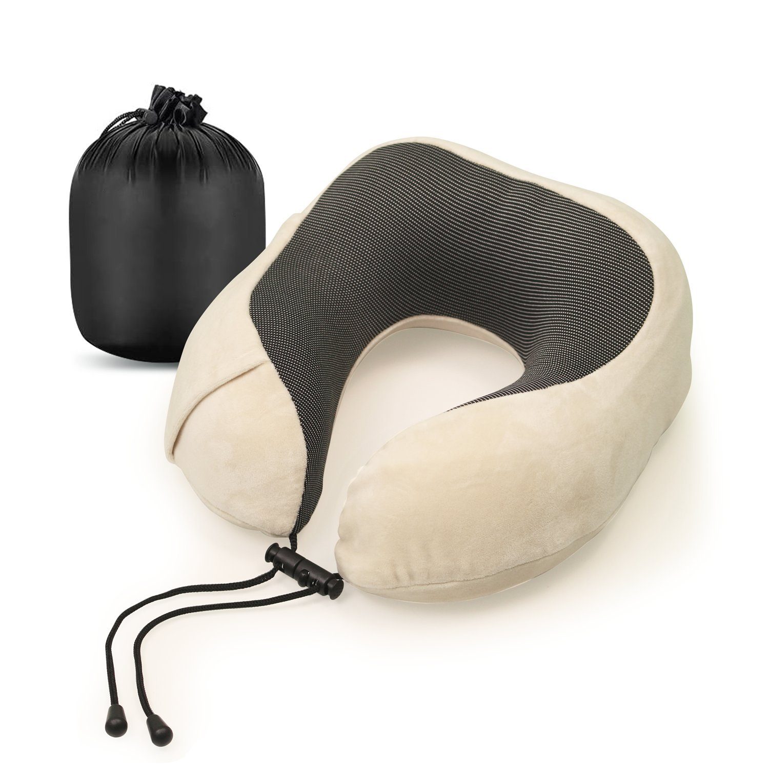 Cozyor Nackenstützkissen Memory Nackenkissen mit verstellbarem Verschluss + praktischer Tasche, Füllung: Memory Schaum Gedächtnisschaum, Bezug: waschbarer Bezug, Set, Nackenhörnchen zum Reisen, klein & kompakt, beige Driftwood Serie, auch im Reise-Set mit