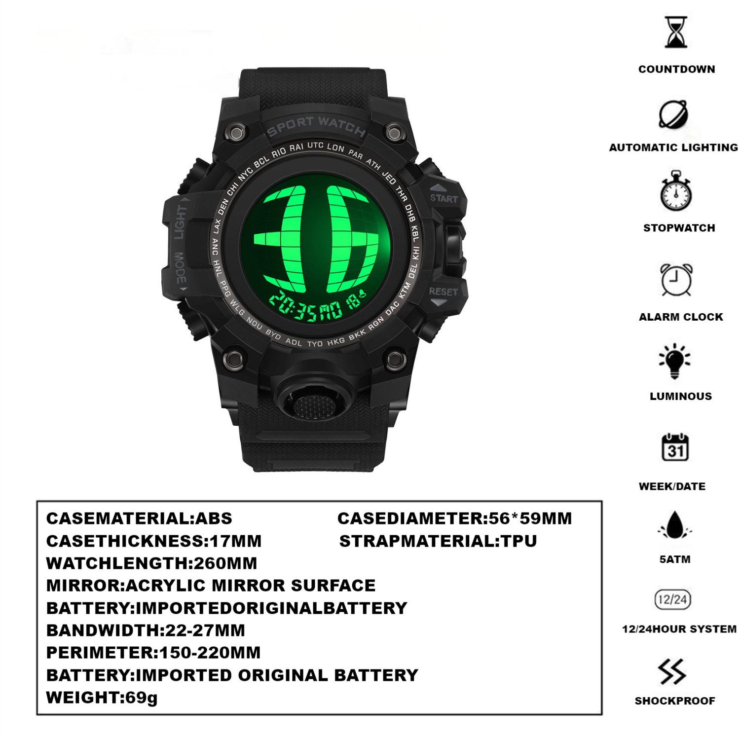 Forrlite Chronograph Chronograph, Digitaluhr Digital Armbanduhr für Jugendliche,Sportuhr, (große Gesicht, LED Armbanduhr für Männer mit Wecker/Doppelzeit/Stoppuhr/12/24H, schwarz, Geschenkset, männergeschenke), Quarzuhr,Armbanduhr,Herrenuhr,Digitaluhr,bis 50bar,TPU-Armband