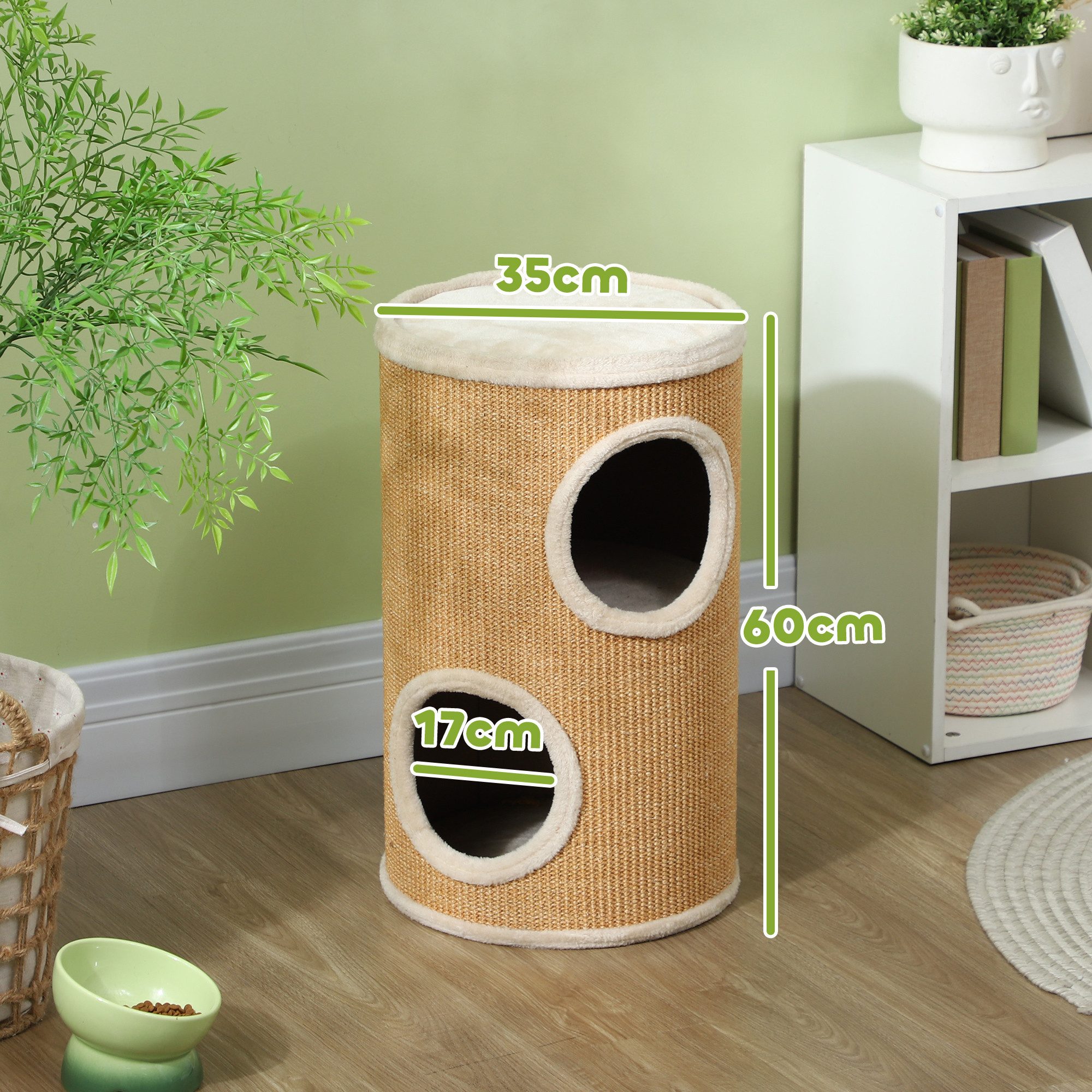 PawHut Kratztonne zweistöckige Katzentonne mit 2 Höhle, Kratzbaum mit Plüschrand, (Katzenmöbel, 1-tlg., Kratzturm), für Katze bis 5 kg, Braun