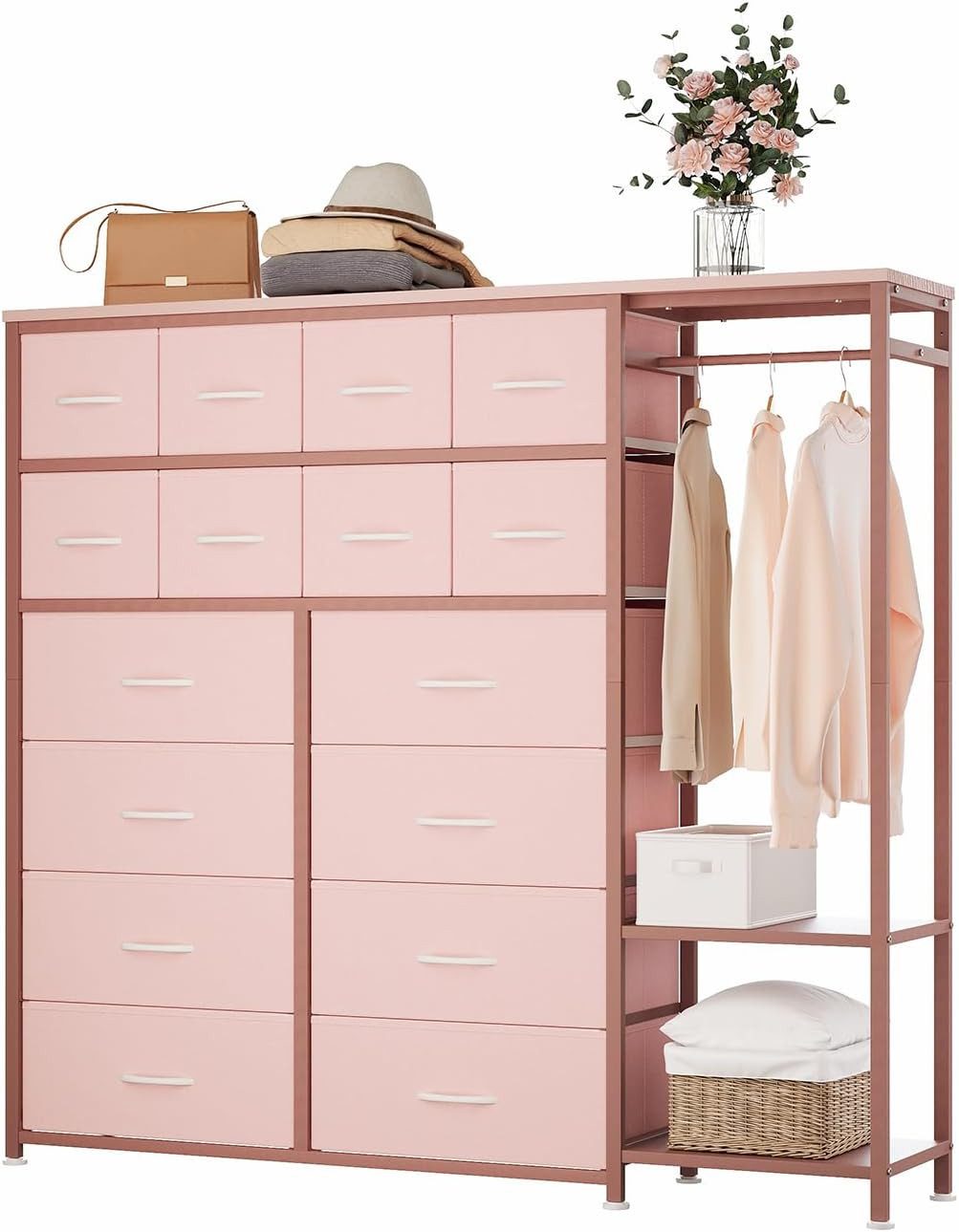 GarveeMore Kommode mit 16 Schubladen,30x142x132cm, Aufbewahrungsschrank, Stahl, MDF, Vliesstoff, für Schlafzimme