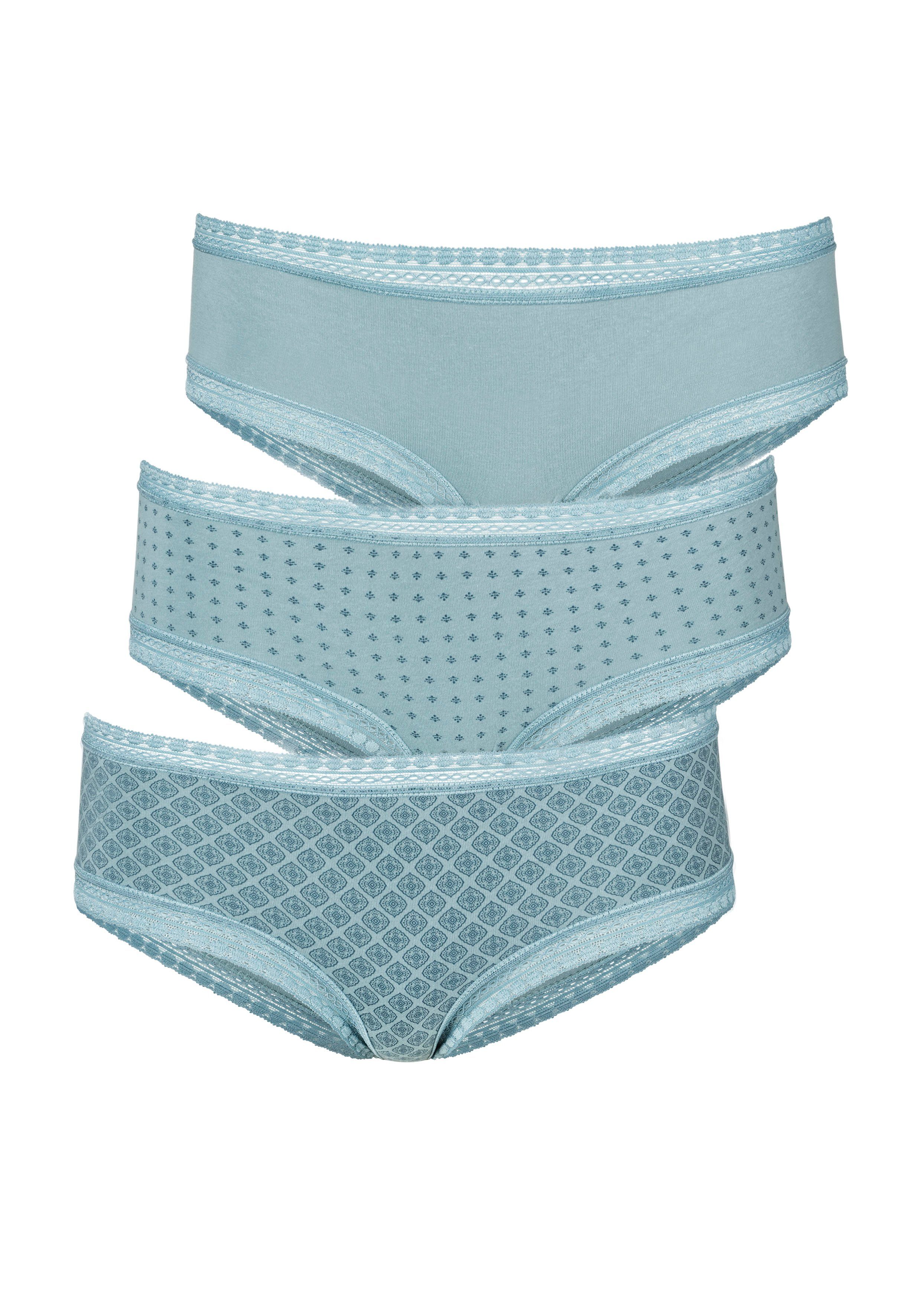 LASCANA Panty (Packung, 3-St) aus elastischer Baumwolle mit weicher Spitze mint