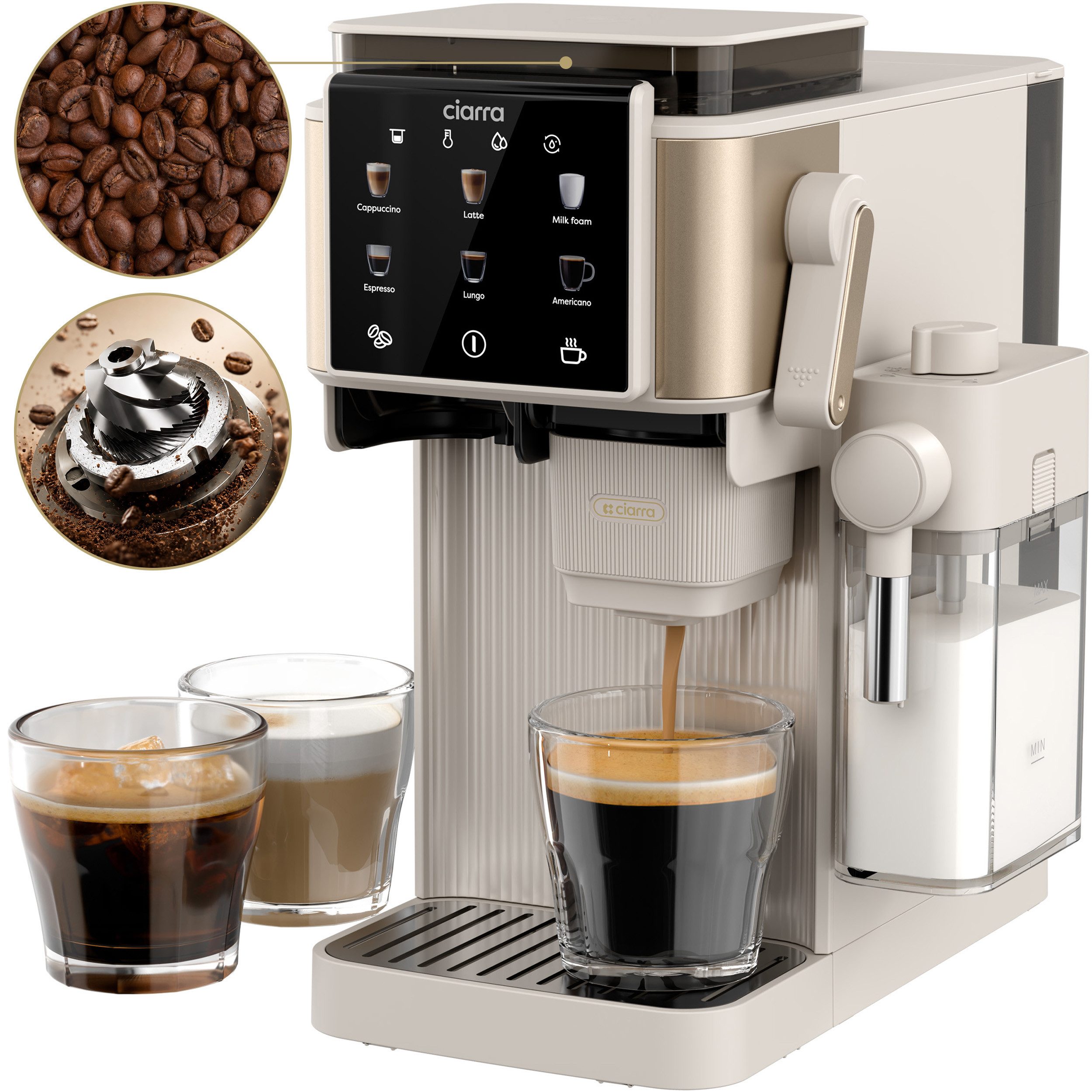 CIARRA Kaffeemaschine mit Mahlwerk Bohnen, Espressomaschine mit Milchaufschäumer(300 ml), 6 Kaffeeoptionen auf Knopfdruck, 15 Bar Pumpendruck CBSACM-D6, Touch-Displays mit 6 Mahlstufen, 1L Wassertank für Latte Cappuccino