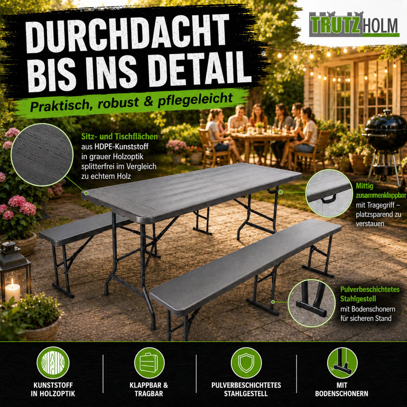 TRUTZHOLM Bierzeltgarnitur Bierzeltgarnitur 180x75 cm klappbar graue Holzoptik 2 Bänke & Tisch, (3-tlg., 2 Bierbänke,1 Tisch)