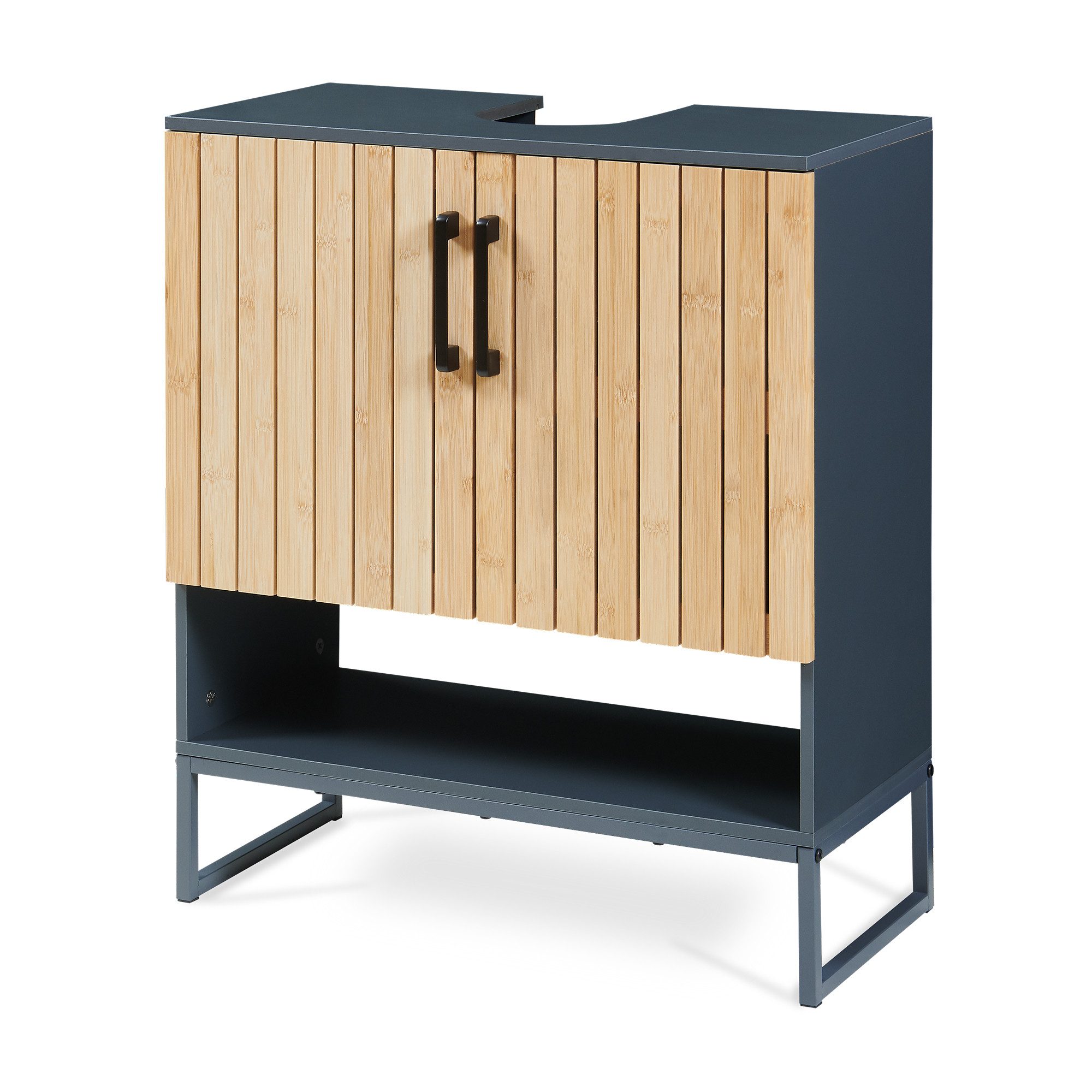 en.casa Waschbeckenunterschrank »Svanes« 70x60x30 cm 2 Innenfächer 1 offenes Fach Dunkelgrau/Natur – Bild 2 von 5