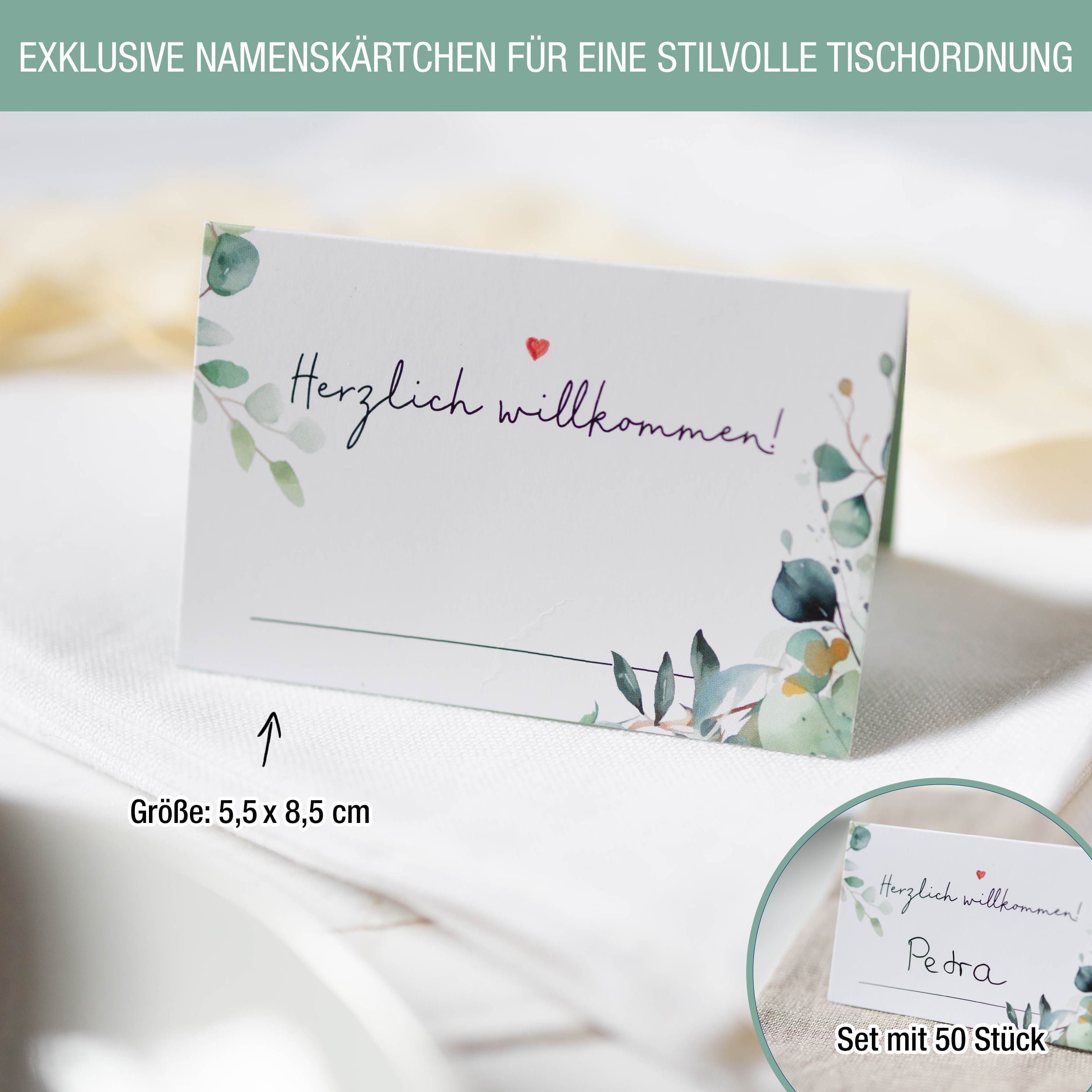 TOBJA Hochzeitskarte Tischkarten 50x Hochzeit Eukalyptus Platzkarten FSC, Platzkarten Namenskärtchen Blanko Namensschilder Tisch – Bild 3 von 5