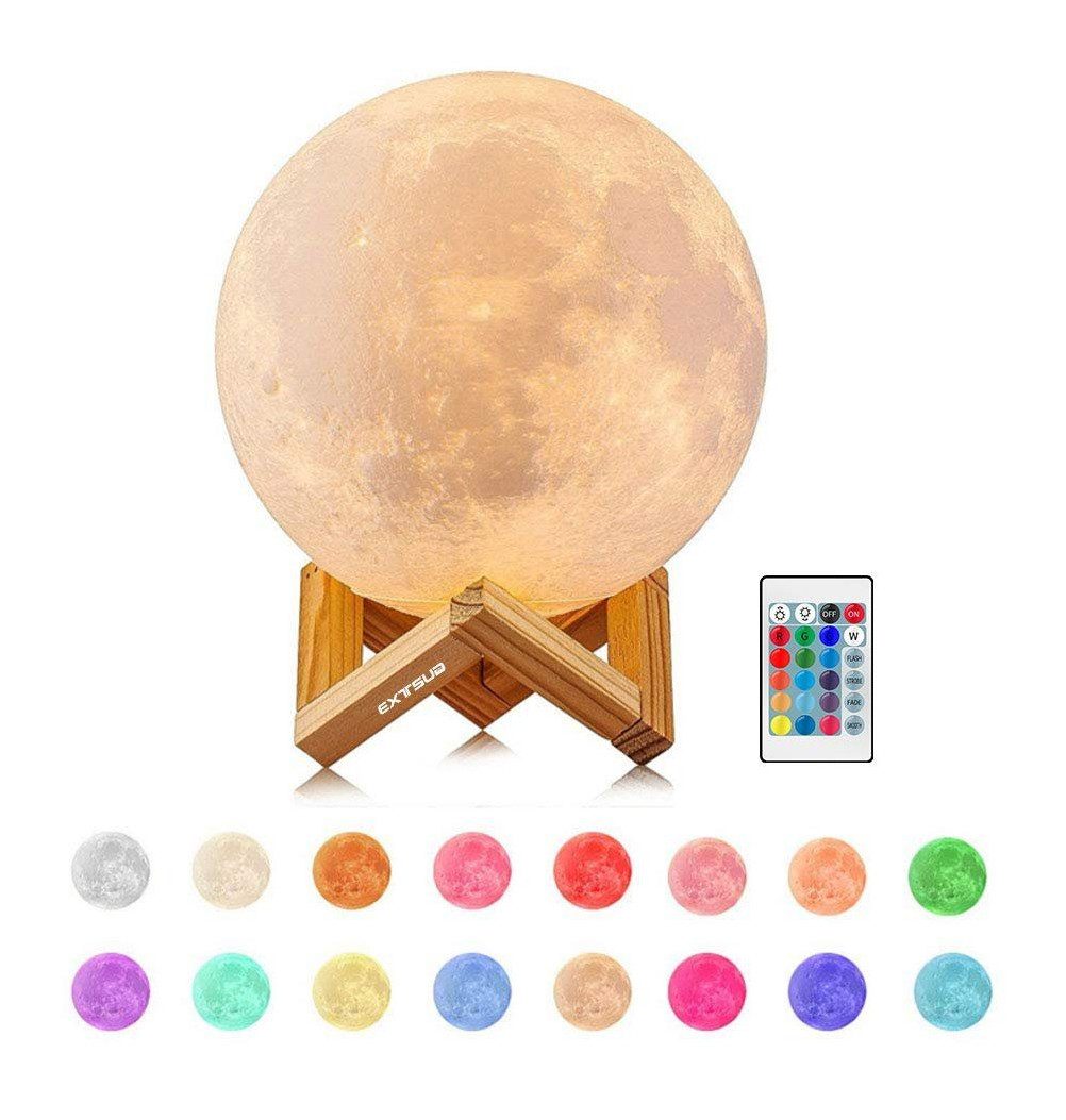 EXTSUD LED Nachtlicht 15cm Mond Lampe 16 Farben 3D Mondlampe mit Fernbedienung, Touchschalter eingebaut Batteriebetrieben dimmbar USB Wiederaufladbare, Nachtlampe Schlafzimmer Dekorative Lichter, für Kinder, M15