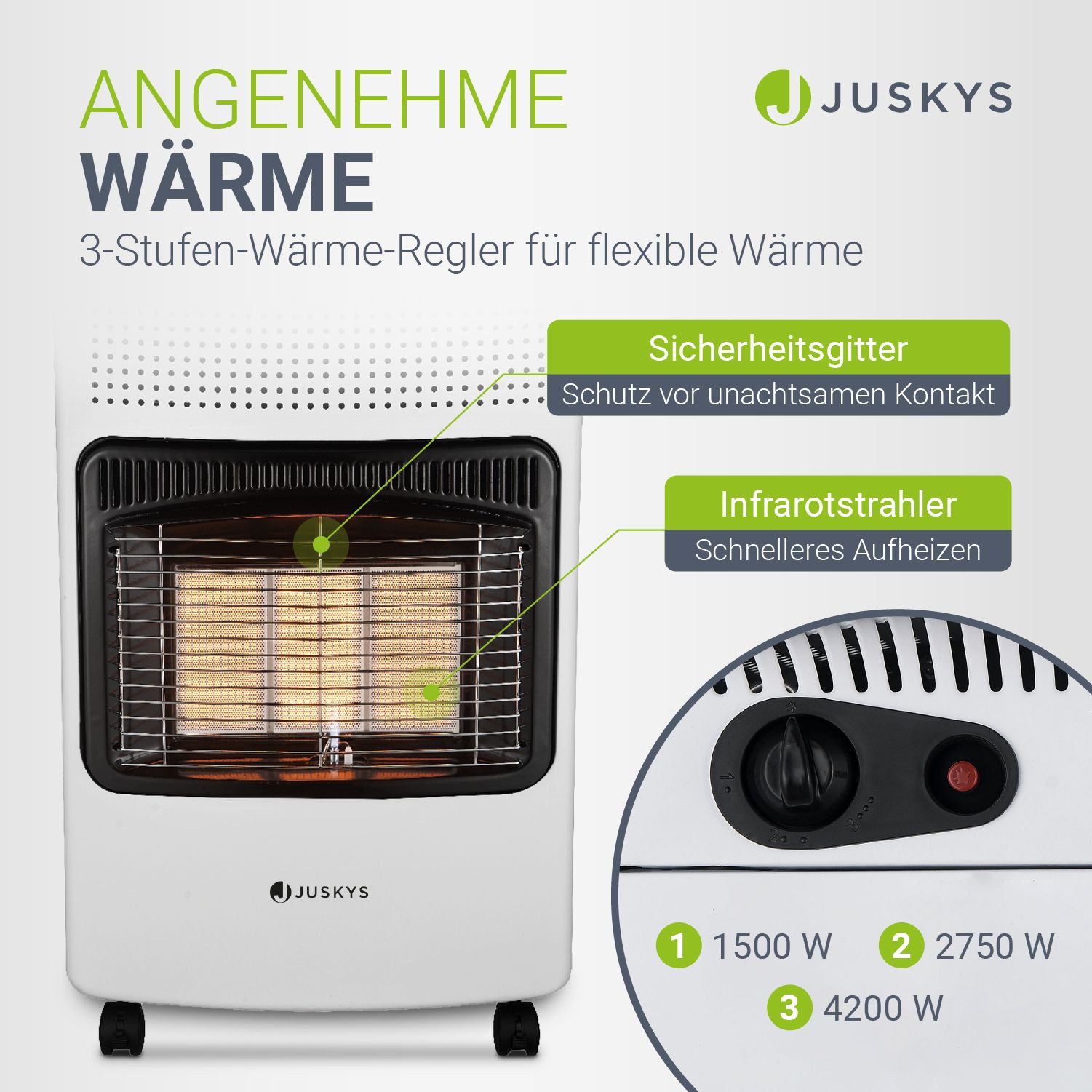 Juskys Heizstrahler GS42US, 4200 W, stark und energiesparend, 3-Stufen-Wärme-Regler, Gasflaschenhalterung