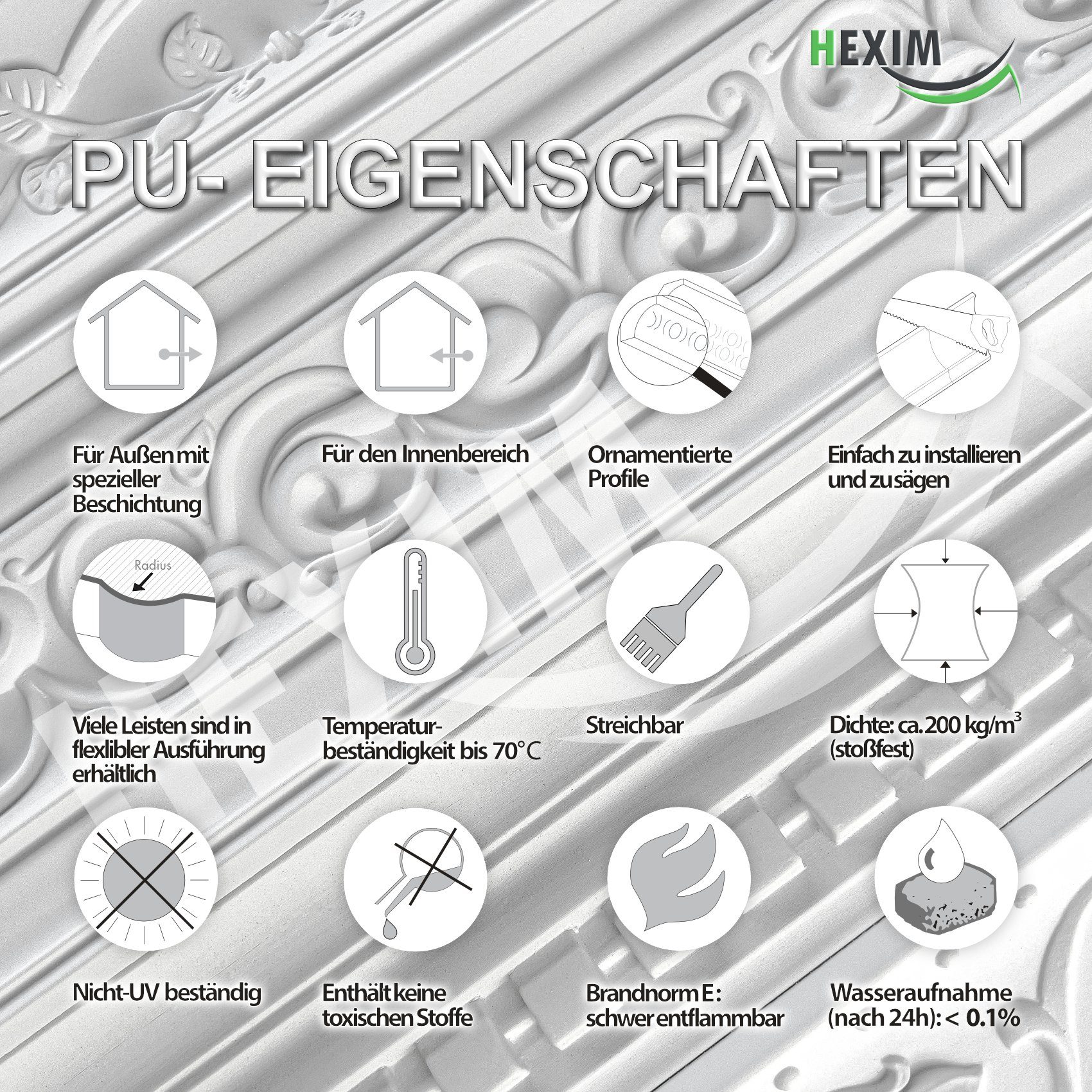 weiß) 1 & - Meter PU Meter Deckenleisten Decke 100 Leiste, Hartschaum P823 mm Flexibel Hexim Stuck 2 2m 100 x P823, glatt (2 Decken modern, Stuckleisten Stuckleiste Kunststoff Deko / Zierleisten -