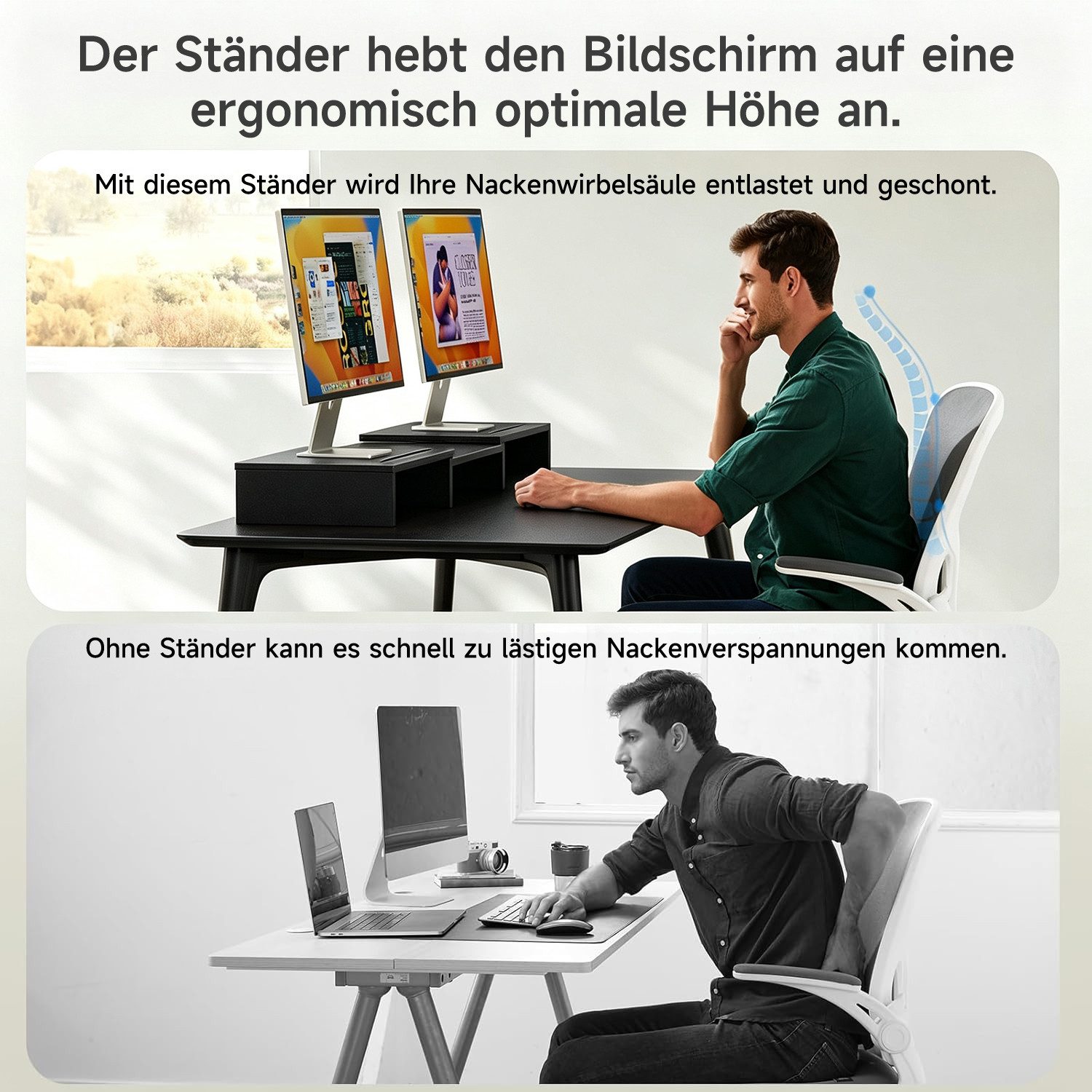 OSTWOLKE Monitorständer verstellbar Monitorerhöhung Schreibtischaufsatz mit Einschubfach, (Verstellbare Länge und Schwenkwinkel Dual Monitor Stand für 2 Monitore)