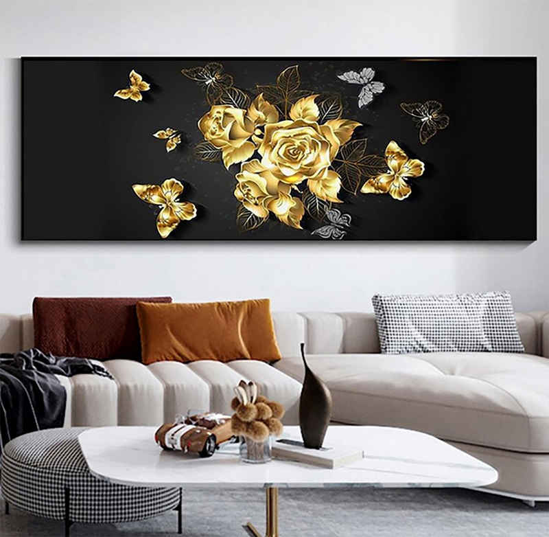 TPFLiving Kunstdruck (OHNE RAHMEN) Poster - Leinwand - Wandbild, Außergewöhnliche Blumenmotive in Breitbild-Format - (Leinwand Wohnzimmer, Leinwand Bilder, Kunstdruck), Farben: Gold, beige, rot, blau, weiß und rosa - Größe 20x60cm