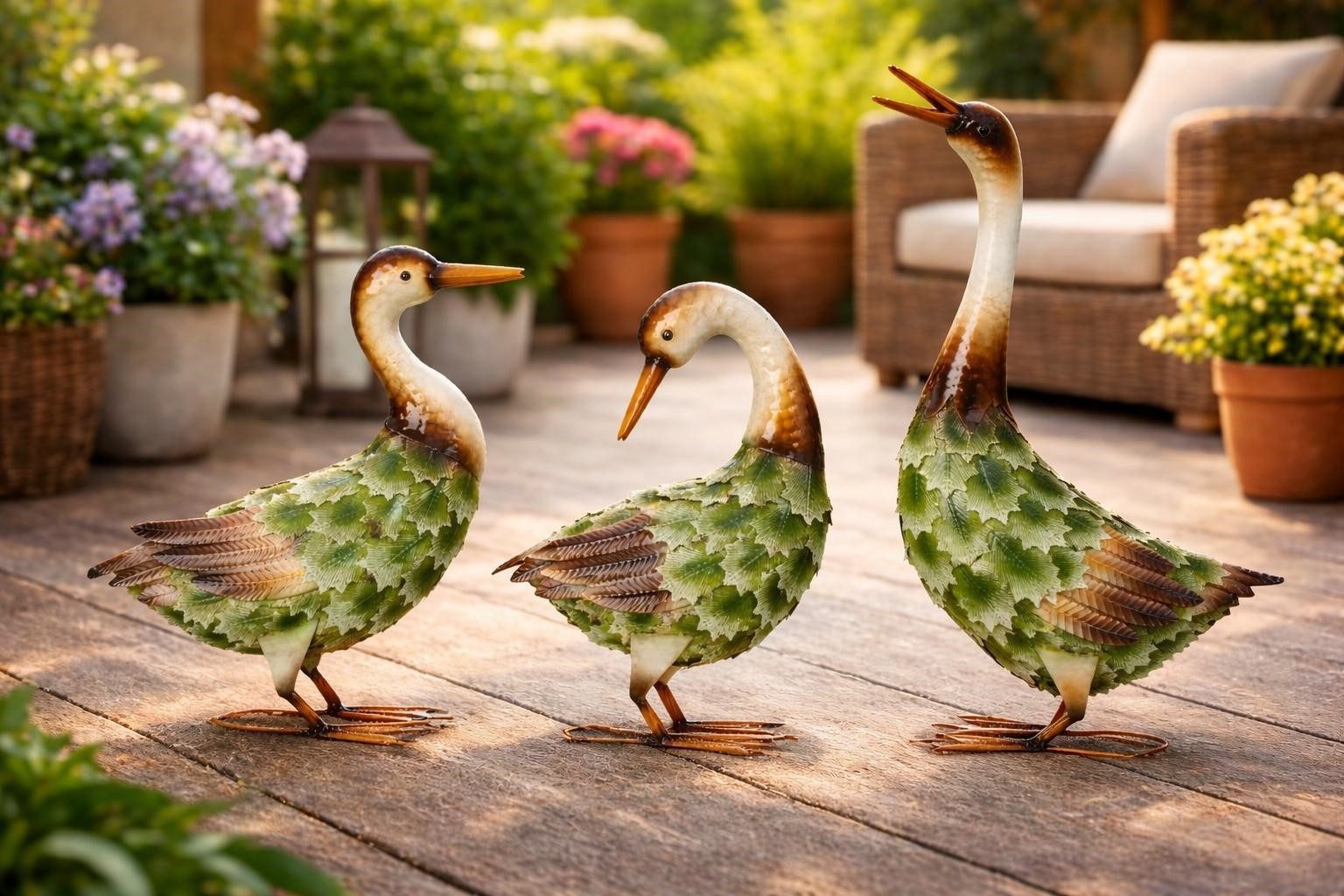 Geschenkestadl Tierfigur Enten Metall 3er Set 37–53 cm – Entenfamilie Garten Deko Figuren (Spar-Set, 3 St., 3 verschiedene harmonisch auf einander abgestimmte Enten), grünes Blattdesign