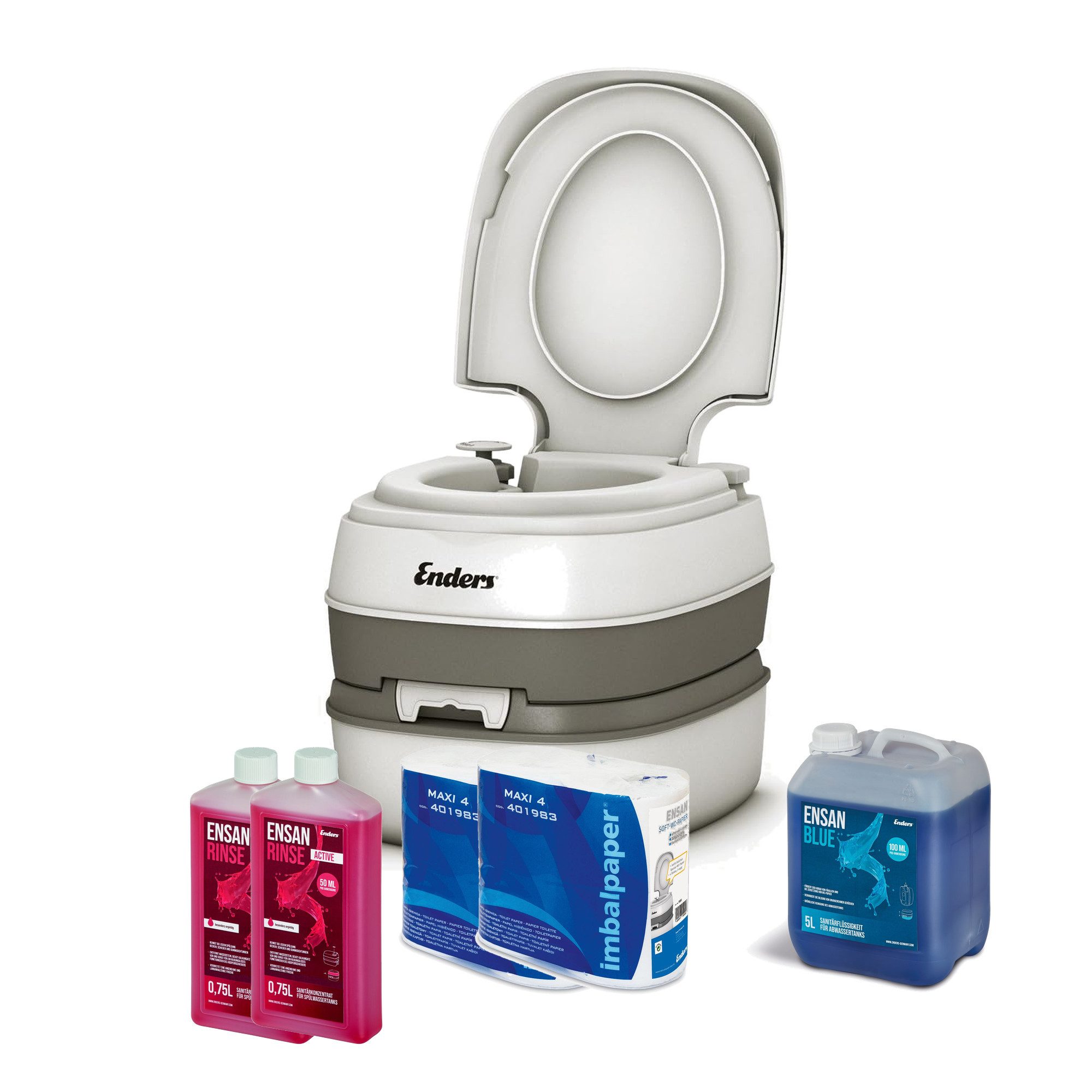 Enders® Campingtoilette Starter-Set Blue XL Comfort, (Spar-Set, inkl. 1.5L RINSE + 5L BLUE + 8 Rollen selbstaufl. Toilettenpapier), Kolbenpumpe, geringes Gewicht, glatte und hygienische Oberfläche