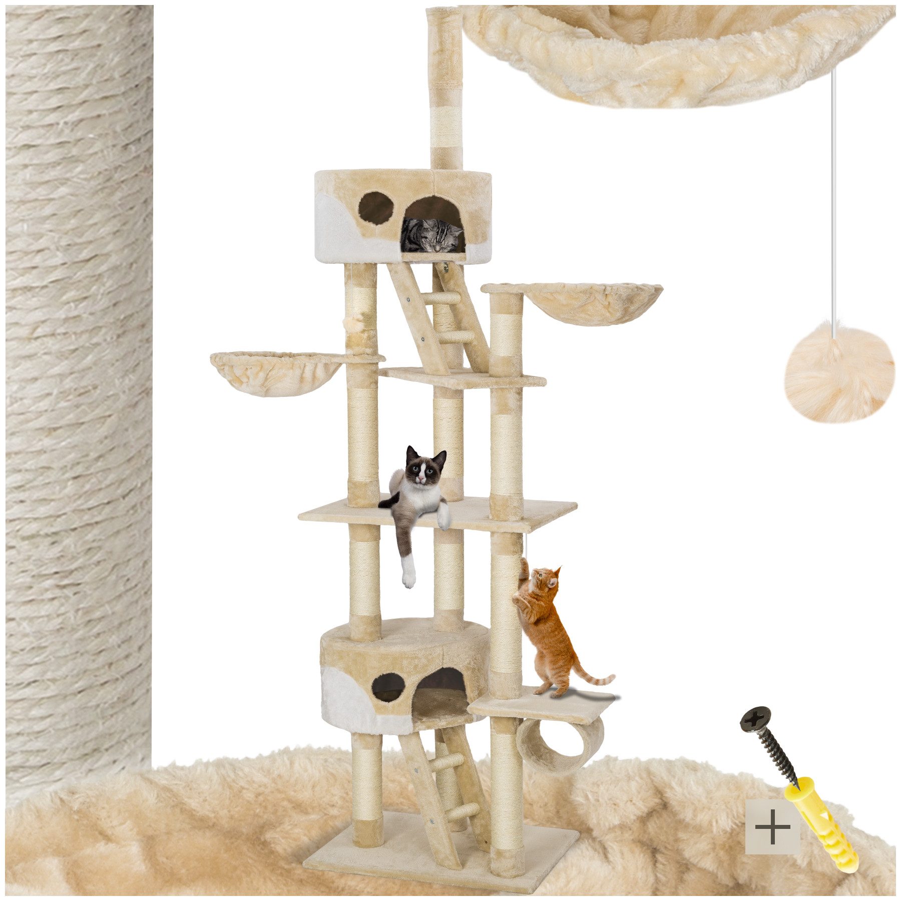 tectake Kratzbaum Katzenbaum Hansi 260 cm - Diverse Farben - Beige-Weiß, Vielseitig mit robusten Sisalstangen und Plüschoberfläche von TECTAKE