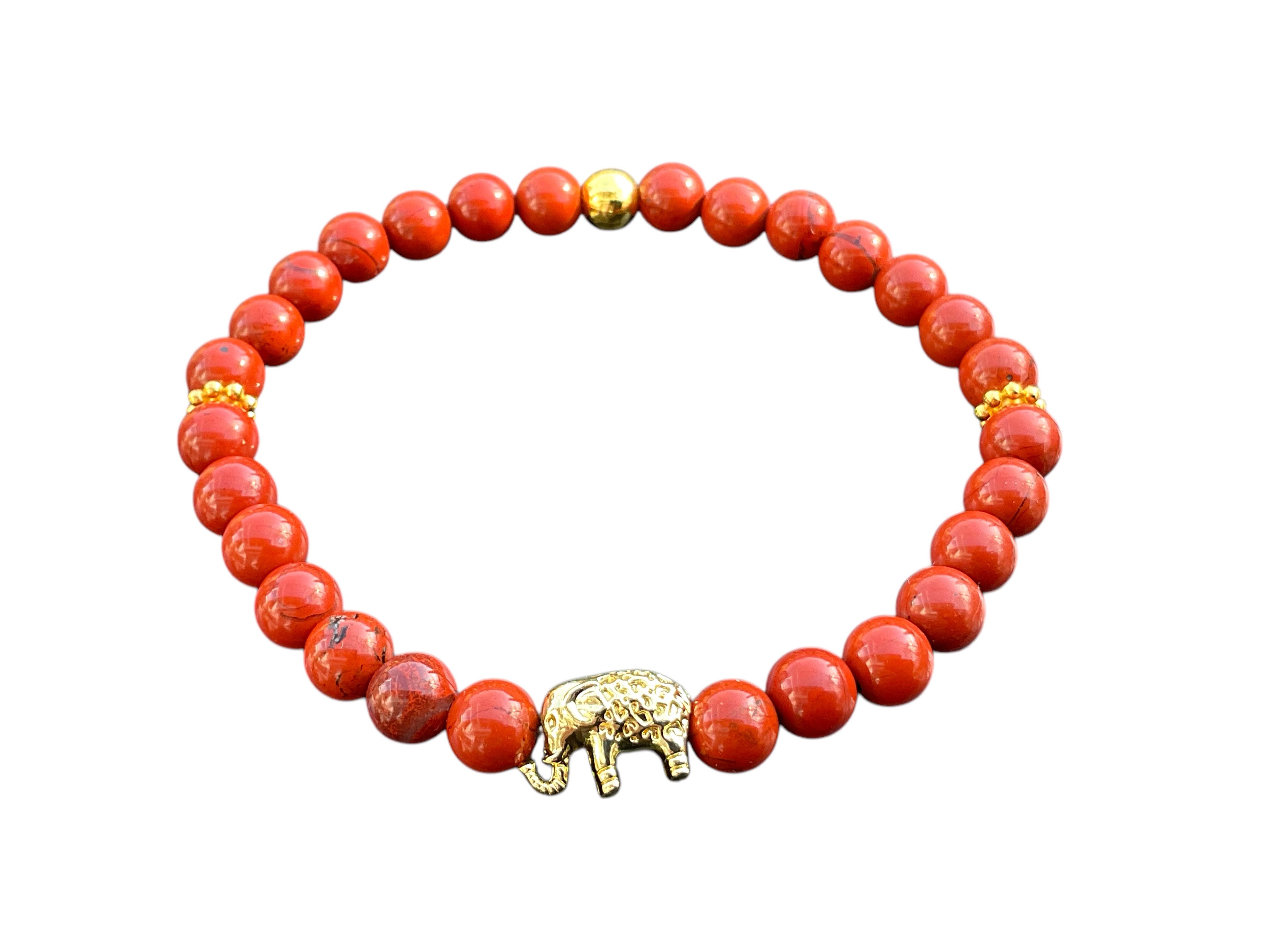 Steinfixx® Perlenarmband Jaspis Edelsteinarmband Elefant mit 14 k vergoldeter Perle (Armband mit edler Geschenkbox zum aufbewahren, 1-tlg., Perlen 6 mm, Natursteine, Länge 18 cm), AAA-Qualität