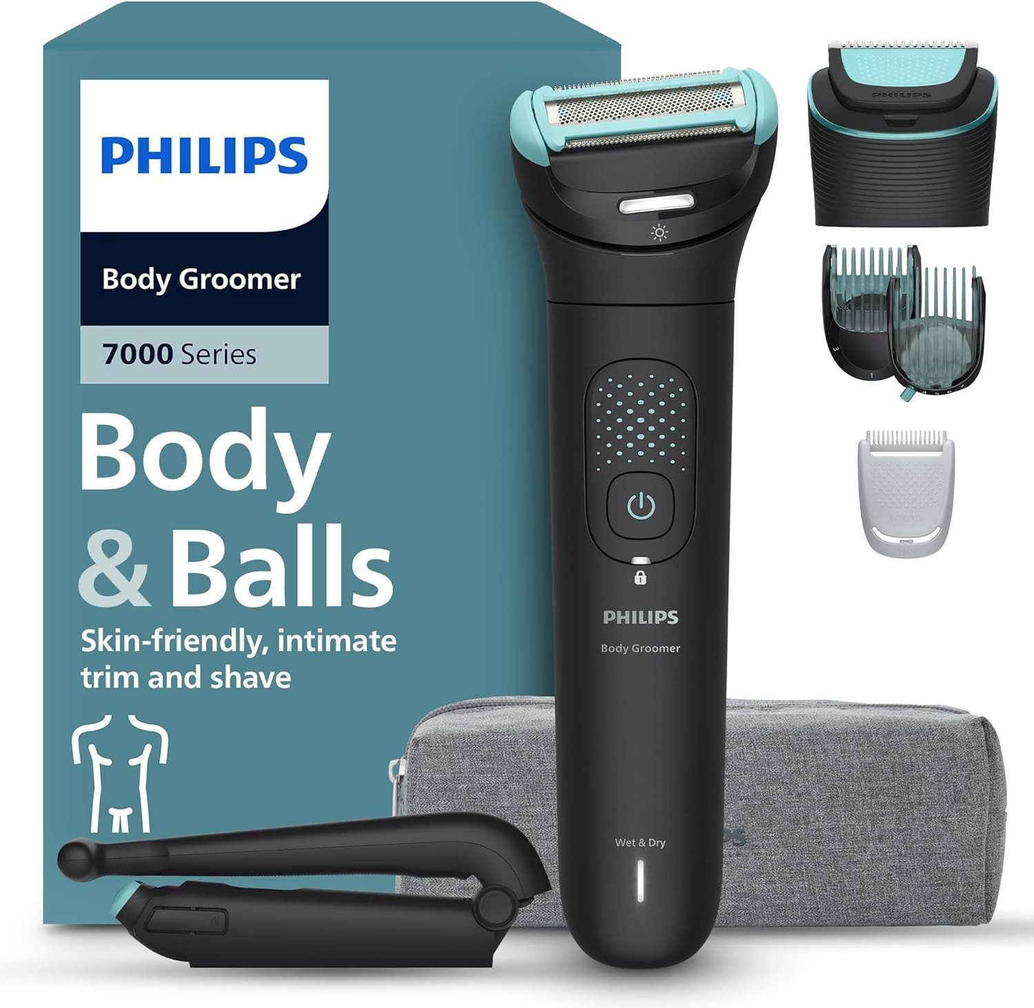 Philips Электробритва Bodygroomer 7000 Akku Intim- & Станки для бритья Herren Kabellos, Wartungsfrei - Kein Klingenöl erforderlich, Aufsätze: 3, mit Rückengriff, Körpertrimmer Intimrasierer, mit Klappbare Rückseitenbefestigung Nassrasur Trockenrasur