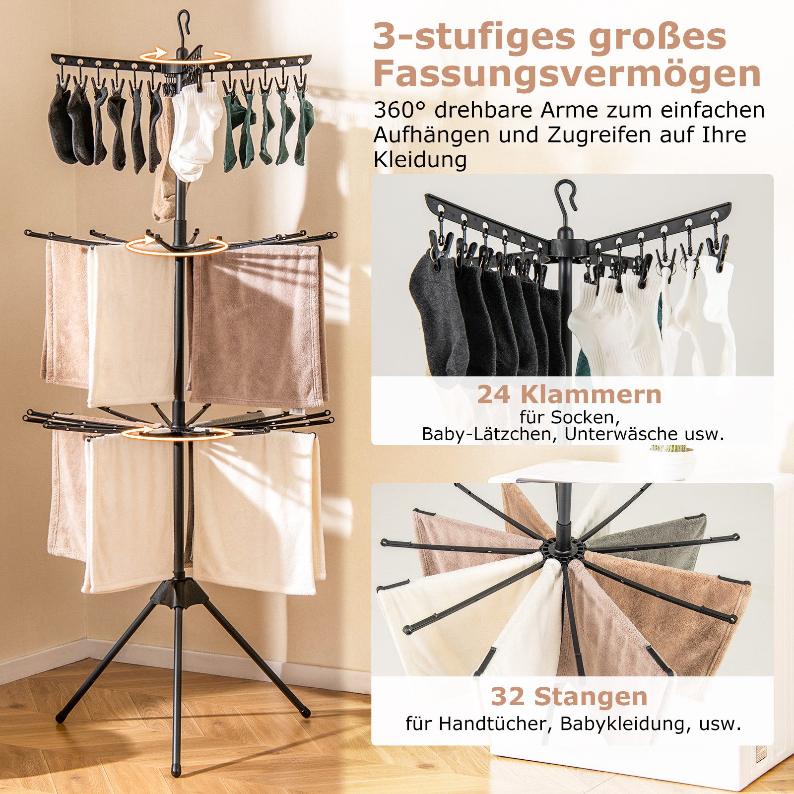 COSTWAY Turmwäscheständer, 3-stufiger Handtuchtrockner klappbar, 360° günstig online kaufen