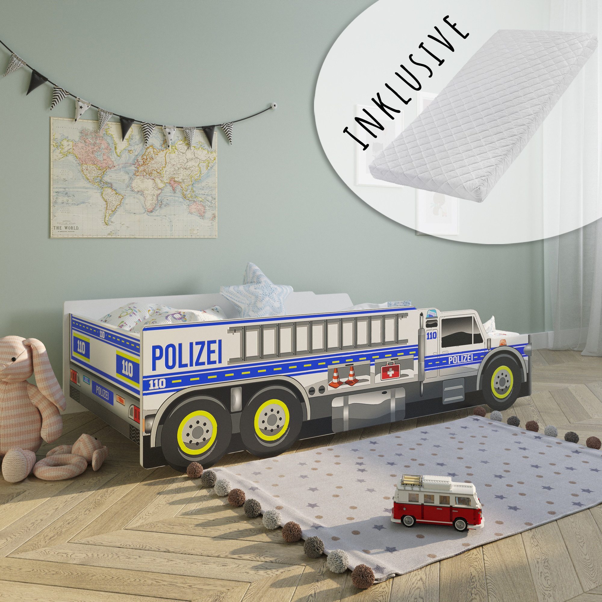 Kids Collective Autobett Kinderbett Jugendbett 80x160, Polizei mit Rausfallschutz Polizeiauto, mit Lattenrost 80x160 cm mit Matratze