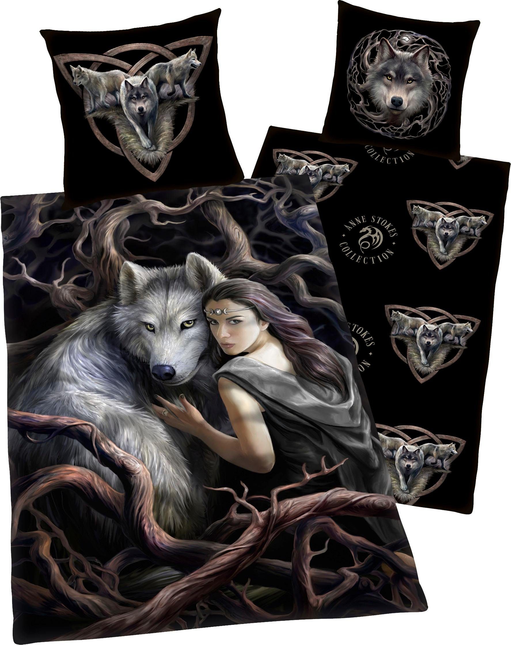 Kinderbettwäsche Anne Stokes, Anne Stokes, Renforcé, 2 teilig, mit Wolf und Frau