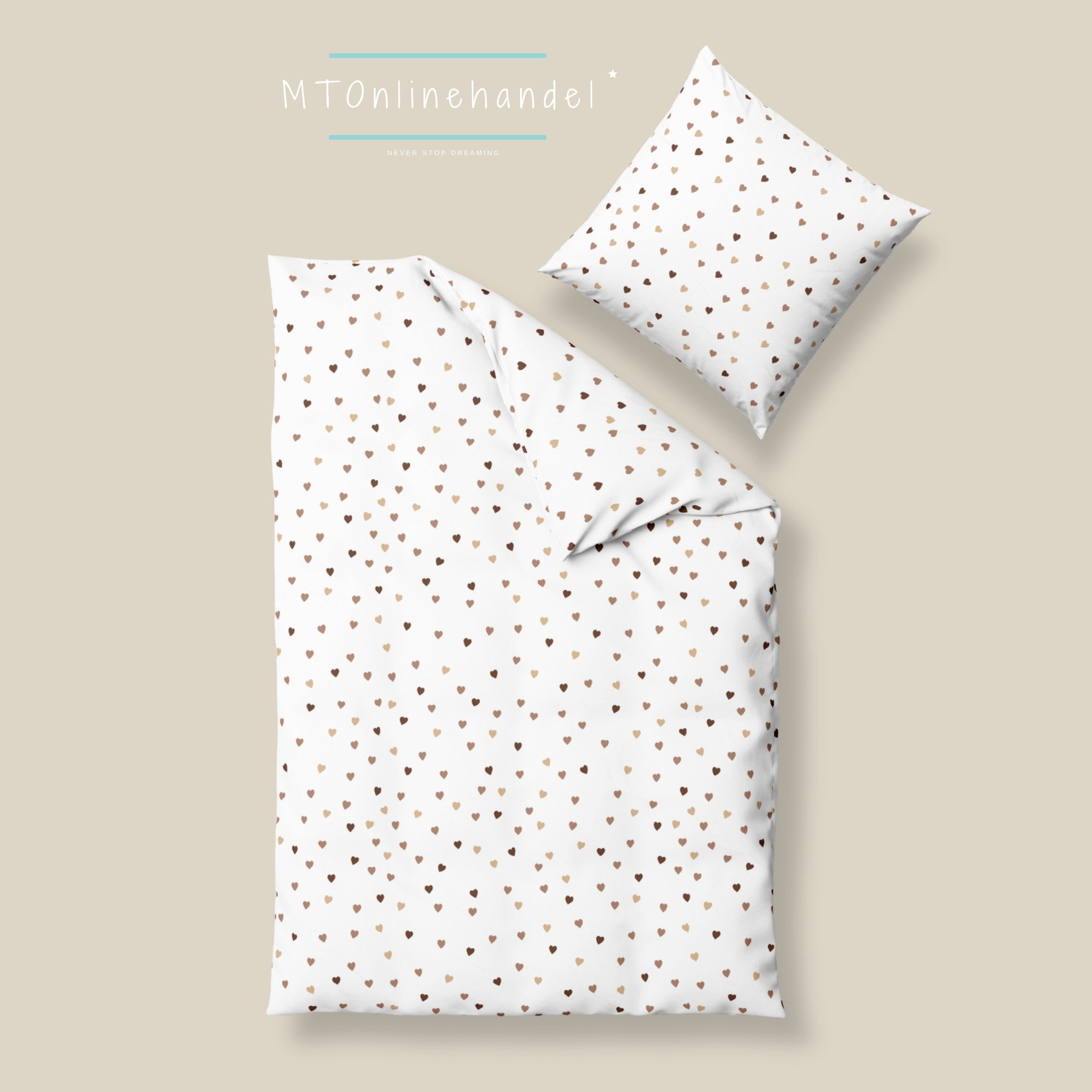 MTOnlinehandel Bettwäsche „Little Hearts“ Flanell, warmes Weiß mit Herzmuster in Naturtönen, 100% Baumwolle, 2 teilig, kuschelig, warm und pflegeleicht, Geschen – Bild 5 von 5