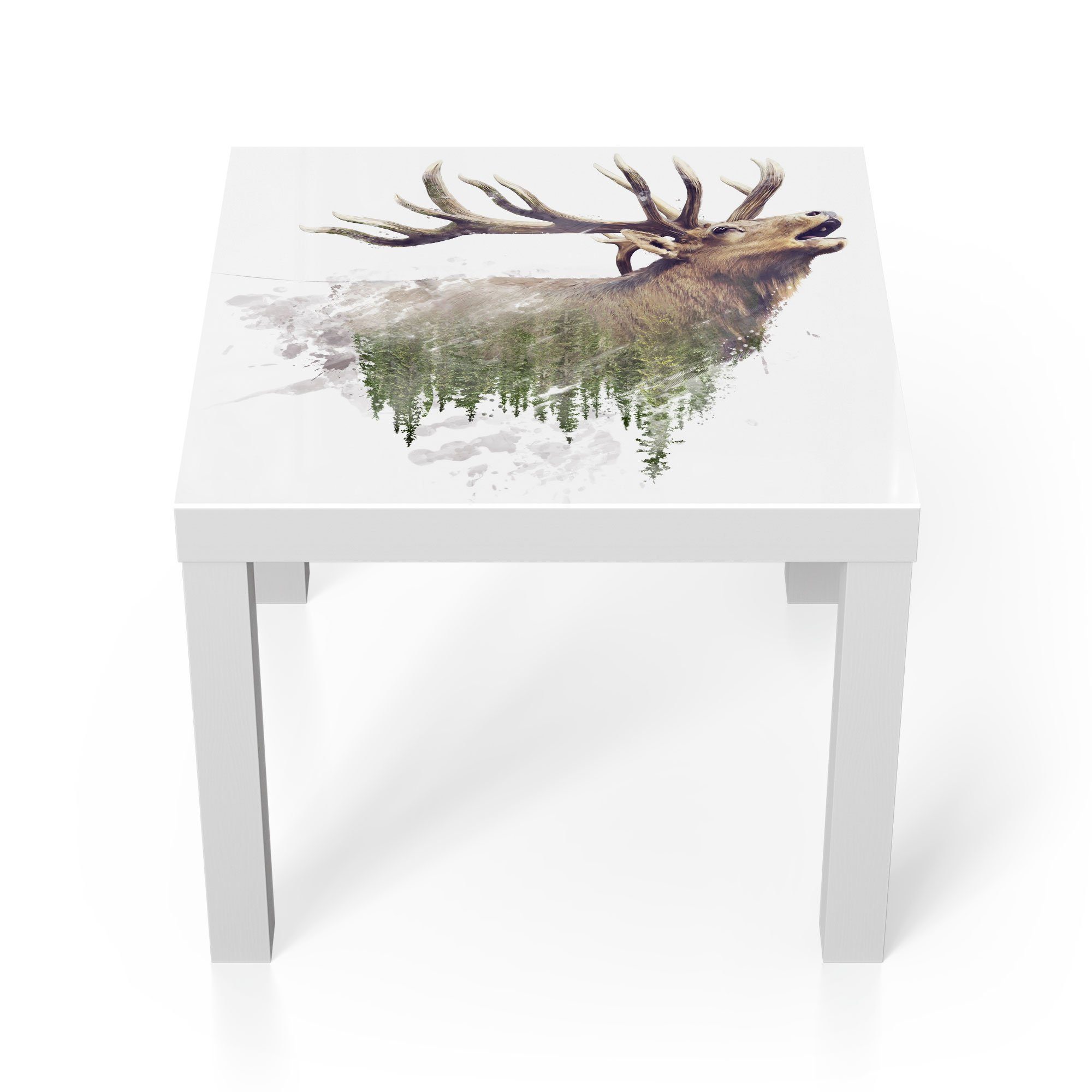 DEQORI Couchtisch 'Hirsch röhrt im Wald', Glas Beistelltisch Glastisch modern Weiß