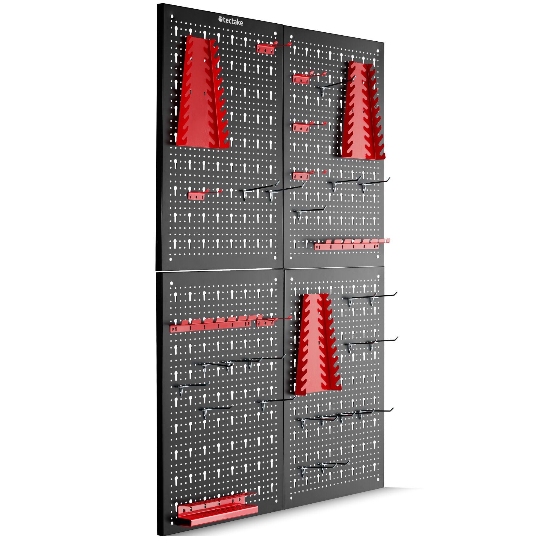 tectake Lochwand Werkzeugwand Metall 160x60 cm mit 34-tlg. Hakenset erweiterbar, (Werkzeughalterwand Jonah, 4-tlg., in Schwarz/rot), Einfache Montage, lackierter Stahl, Belastbarkeit 4 kg pro Platte