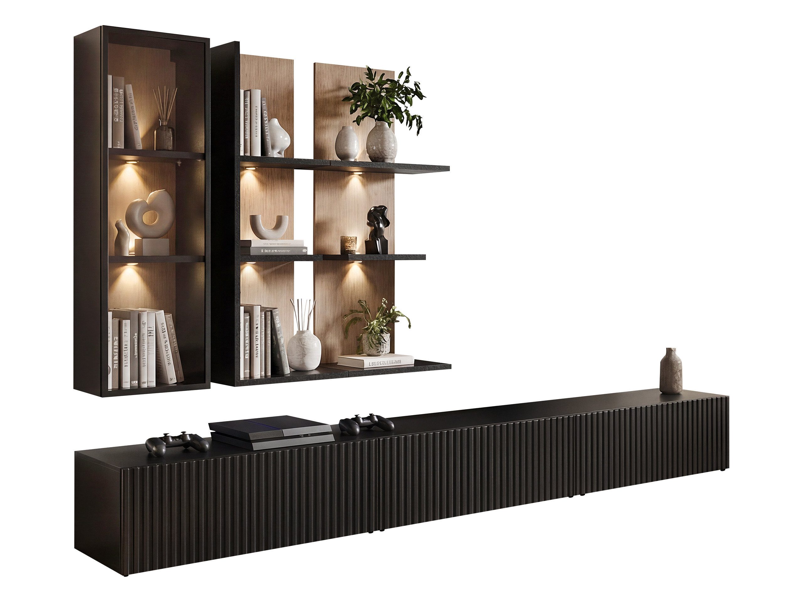 MIRJAN24 Wohnwand Soul, (4er-Set, TV-Lowboard, 2x Wandregal, Hängevitrine), Weißer LED-Beleuchtung, Push to open