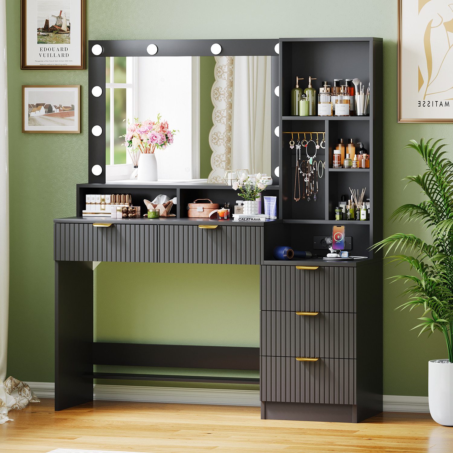 Furnicopia Schminktisch Einstellbare LED-Beleuchtung Fünf Schubladen und si günstig online kaufen