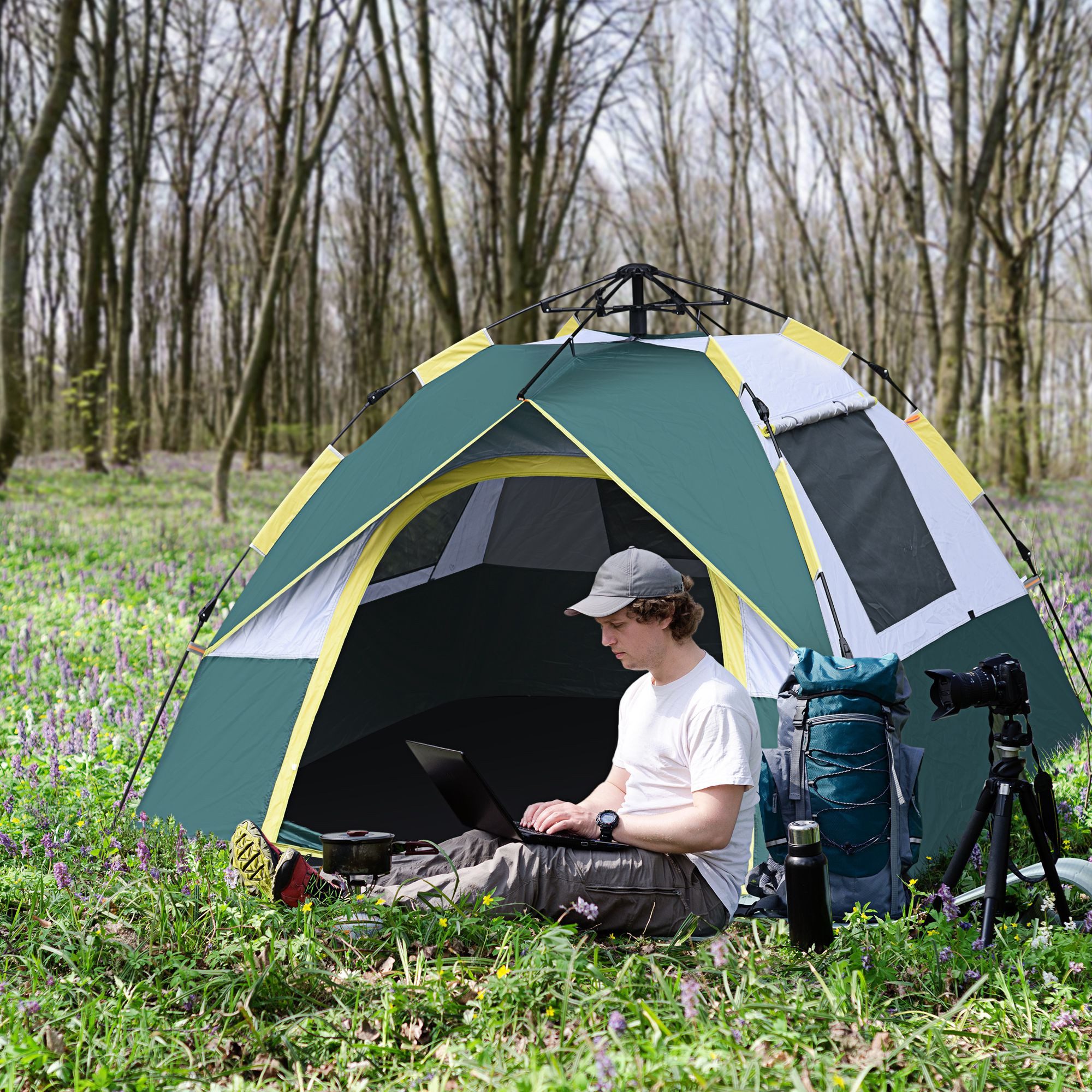 Outsunny Kuppelzelt Pop-up Zelt mit Fenster, Packtasche, Haken, 1000mm Wassersäule, Personen: 2 (Großraumzelt, 1 tlg., Campingzelt), für Garten, Balkon, Olive Grün