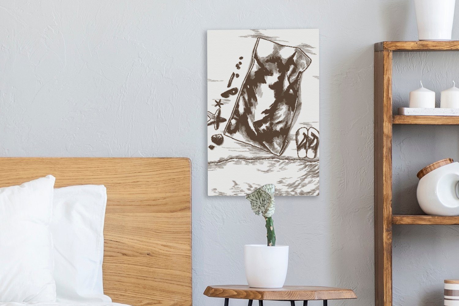 OneMillionCanvasses® Leinwandbild 20x30 bespannt St), (1 Zackenaufhänger, Hausschuhe inkl. Gemälde, cm - - fertig Leinwandbild Strand, Handtuch
