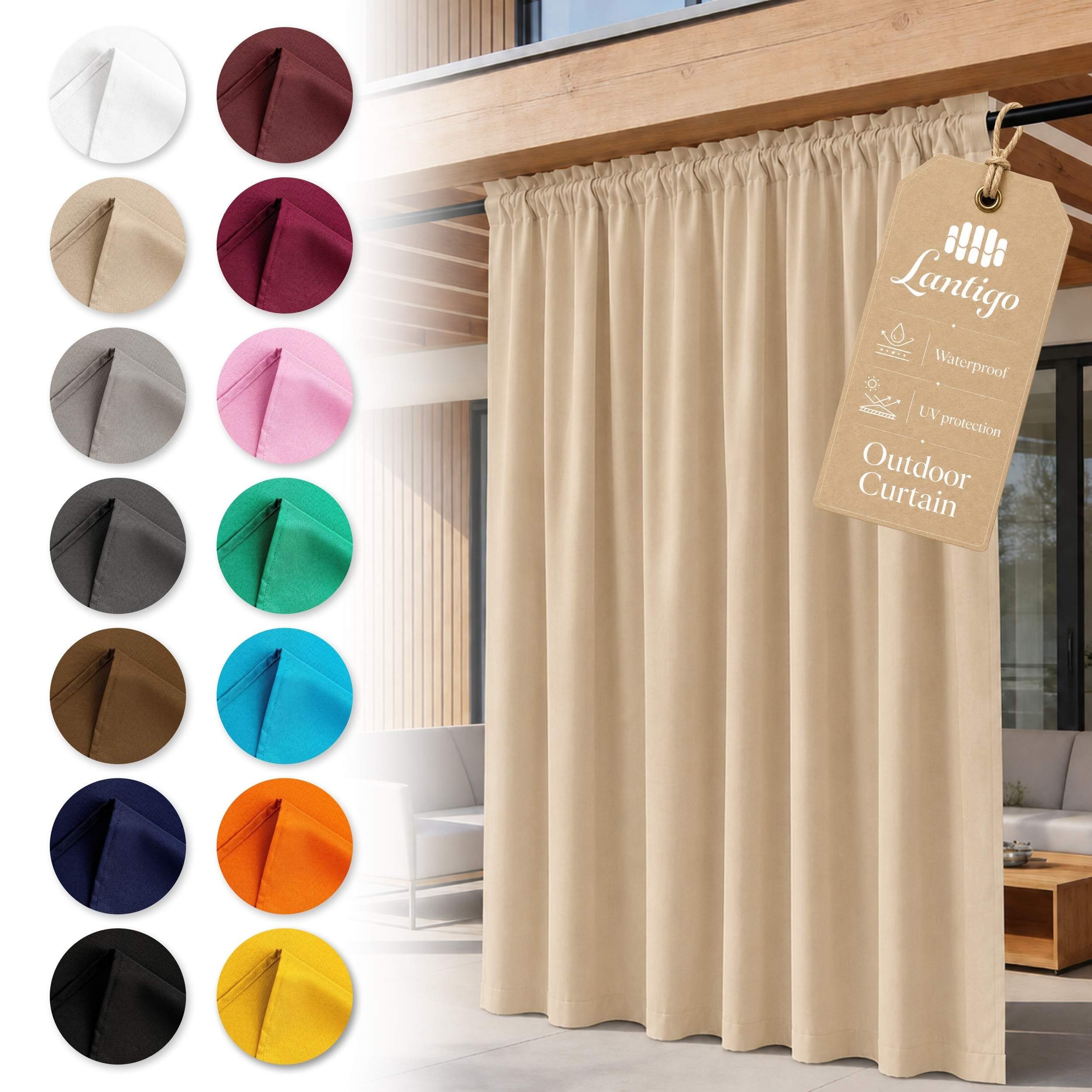 Lantigo Outdoorvorhang Wasserdichter Outdoor-Vorhang mit Stangendurchzug und Raffhalter (1 St), Stangendurchzug, OXFORD 500D, Sichtschutz für Terrasse, Pavillon, Balkon und Garten im Außenbereich