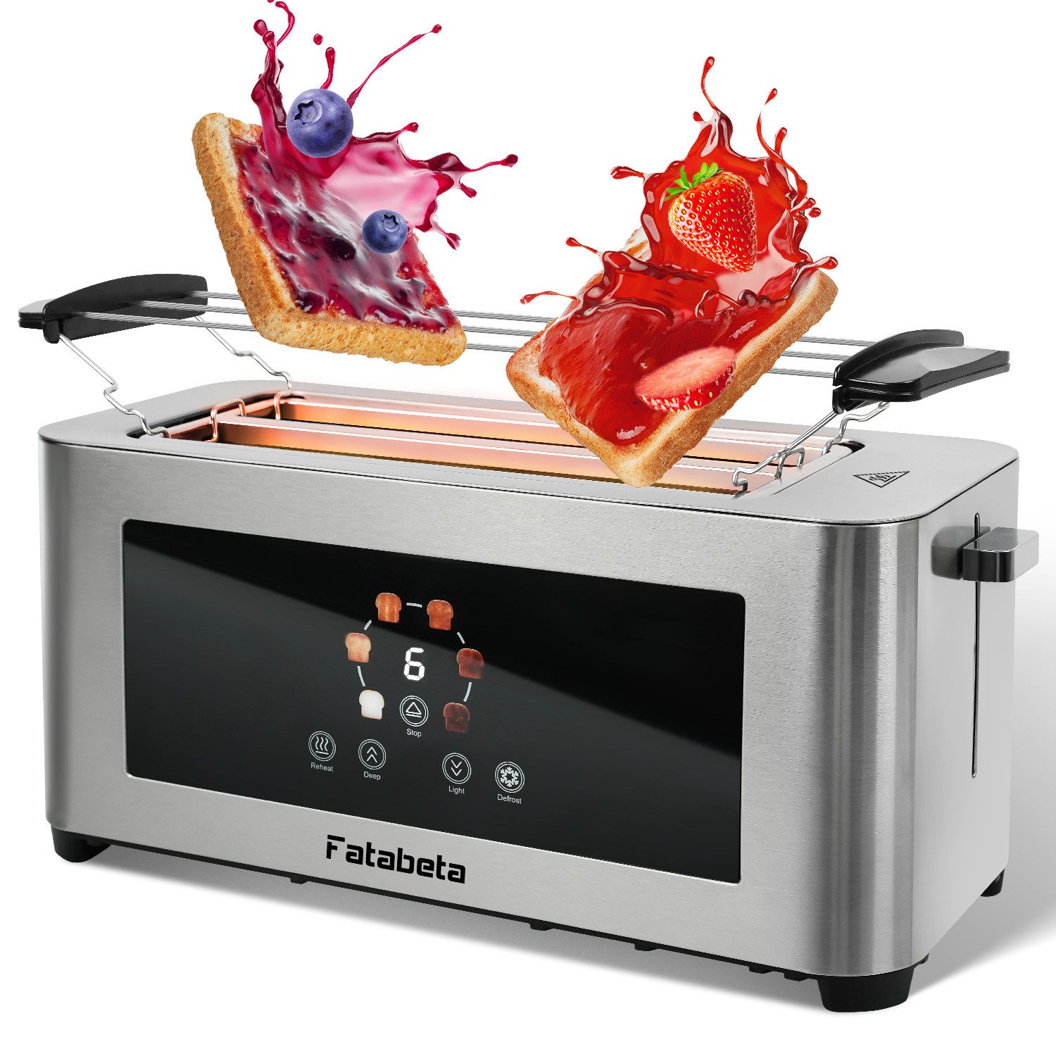 FATABETA Toaster Toaster 4 Scheiben, Doppel-Langschlitztoaster, mit Brötchenaufsatz, 2 lange Schlitze, für 4 Scheiben, 1400 W, LED-Display, Touchscreen, 6 Stufen, Auftauen & Aufwärmen, Edelstahl