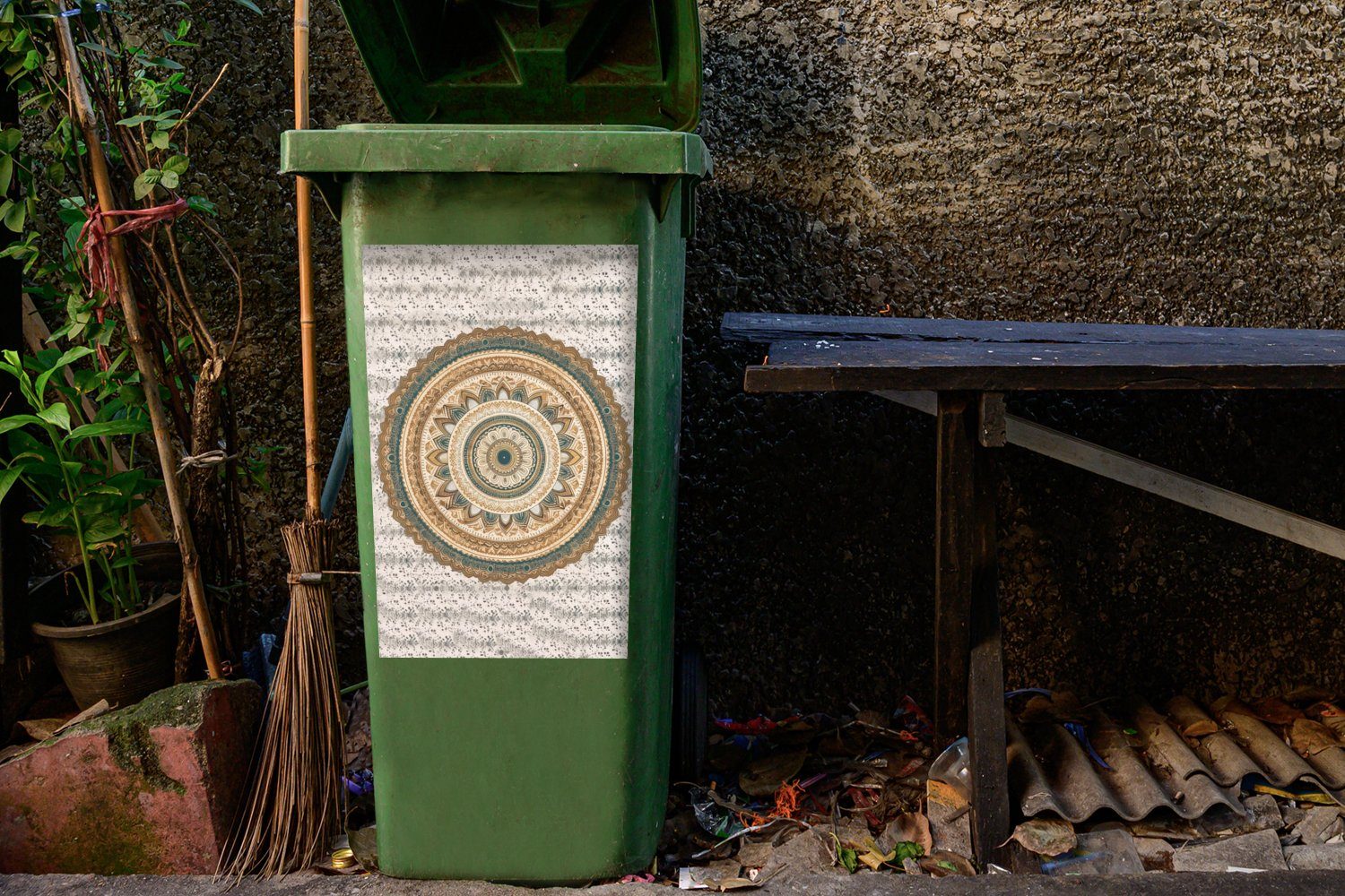 - - Vintage Hippie Mandala Mülltonne, Mülleimer-aufkleber, MuchoWow - Wandsticker Braun Sticker, Blumen Abfalbehälter - Container, St), (1