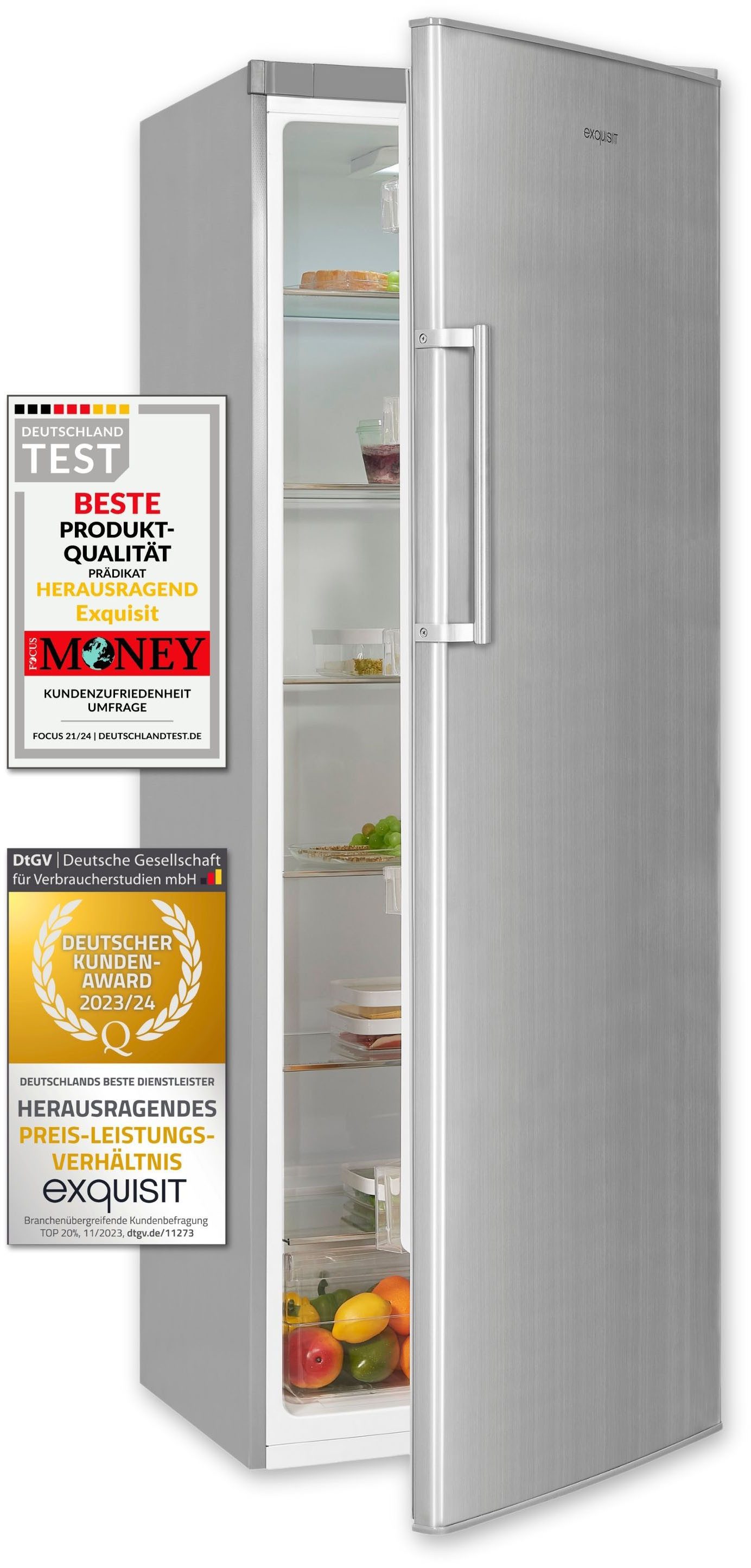 exquisit Vollraumkühlschrank KS350-V-H-040D inoxlook, 171,5 cm hoch, 60 cm breit, 330 L Kühlschrank: flexibel, geräumig & sparsam