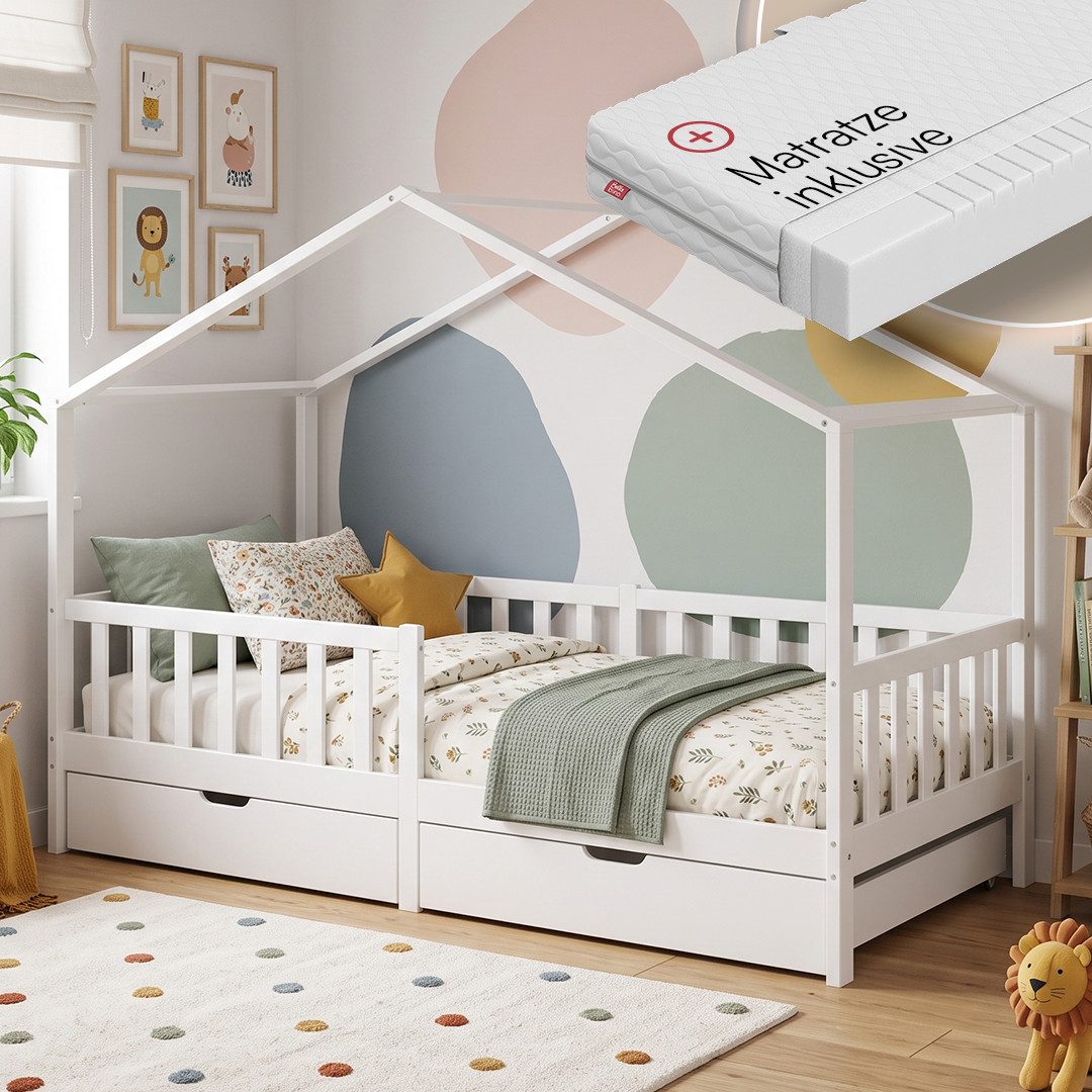 Bellabino Kinderbett Bia mit Rausfallschutz & Lattenrost (weiß, mit zwei Schubladen und Matratze), Kinderbett aus Kiefernholz, verfügbar in 80x160/90/120/140x200 cm