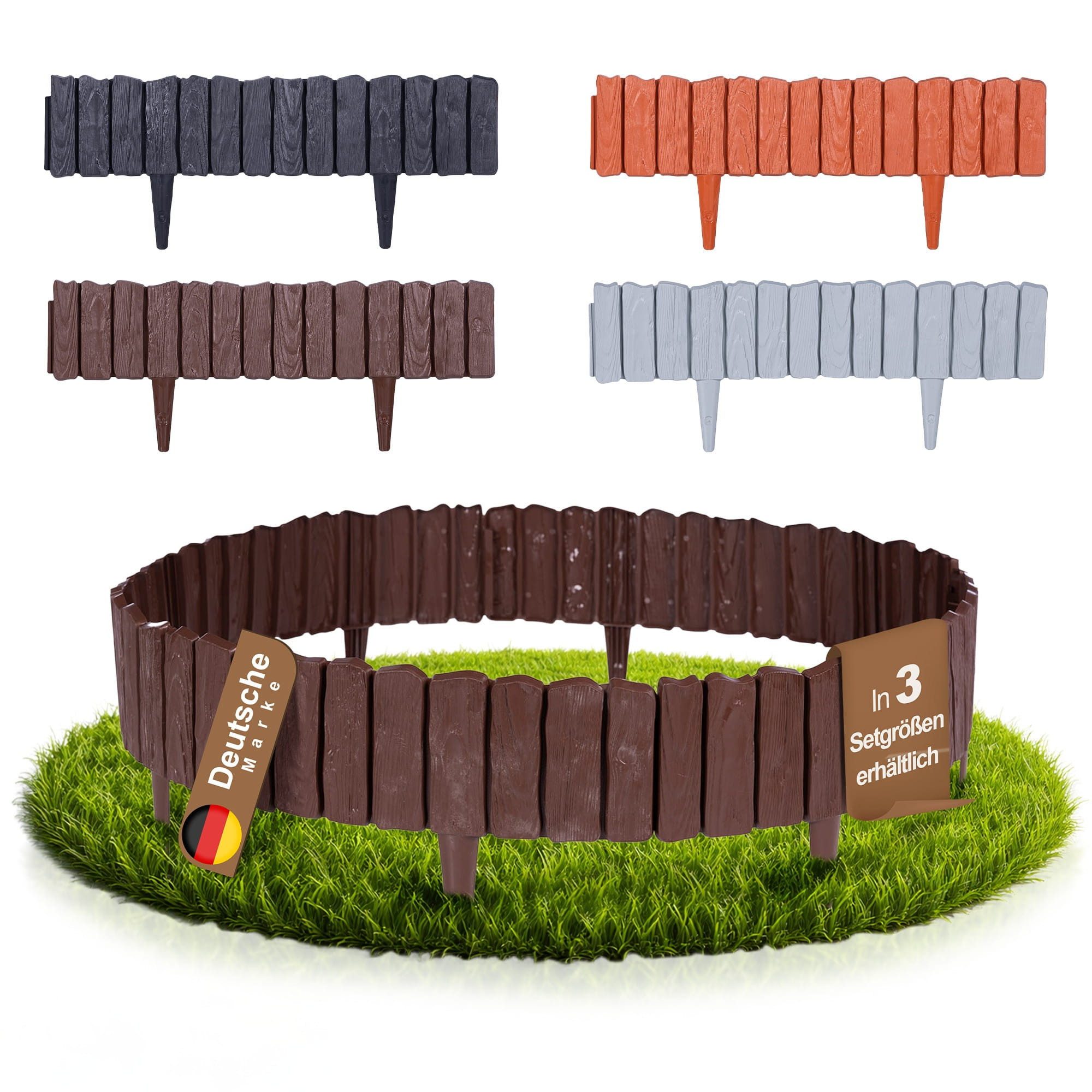 BooGardi Beetumrandung Rasenkante Kunststoff · Holzoptik · Beetbegrenzung in 4 Farben, LxH: 286x12,5 cm, 5 Stück (2,86 m) Beeteinfassung · flexible Mähkante · Braun, Palisade für Beet & Garten · Gartenzaun · Beetabgrenzung · Blumenbeet