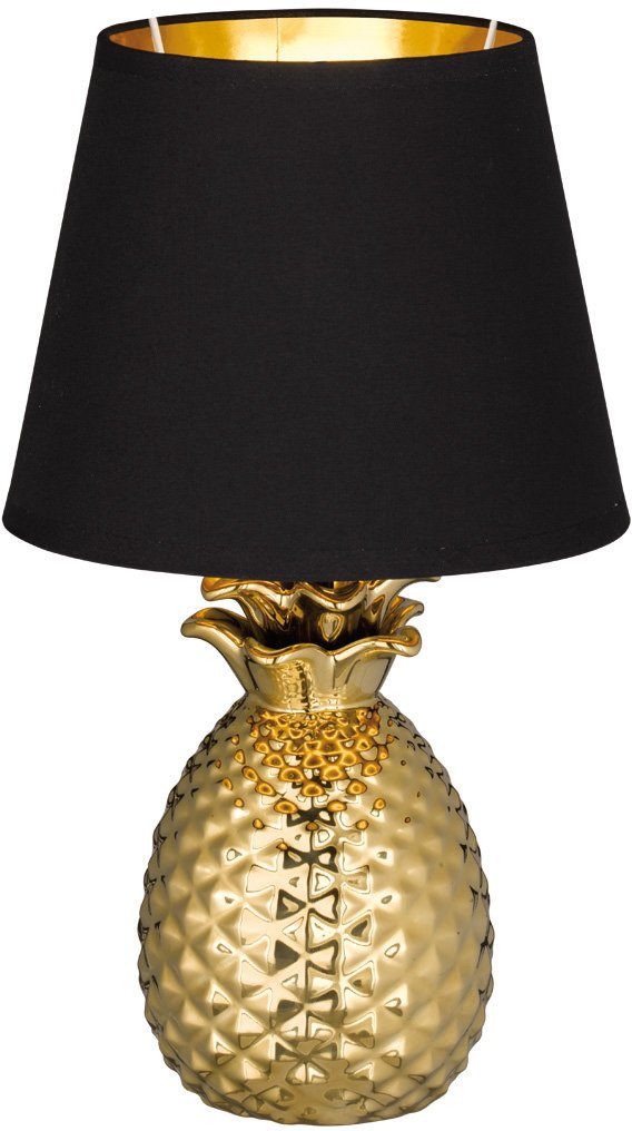 Reality Leuchten Schreibtischlampe Pineapple, ohne Leuchtmittel, Ananas Form gold, Stoffschirm schwarz/gold, Leuchtmittel wechselbar