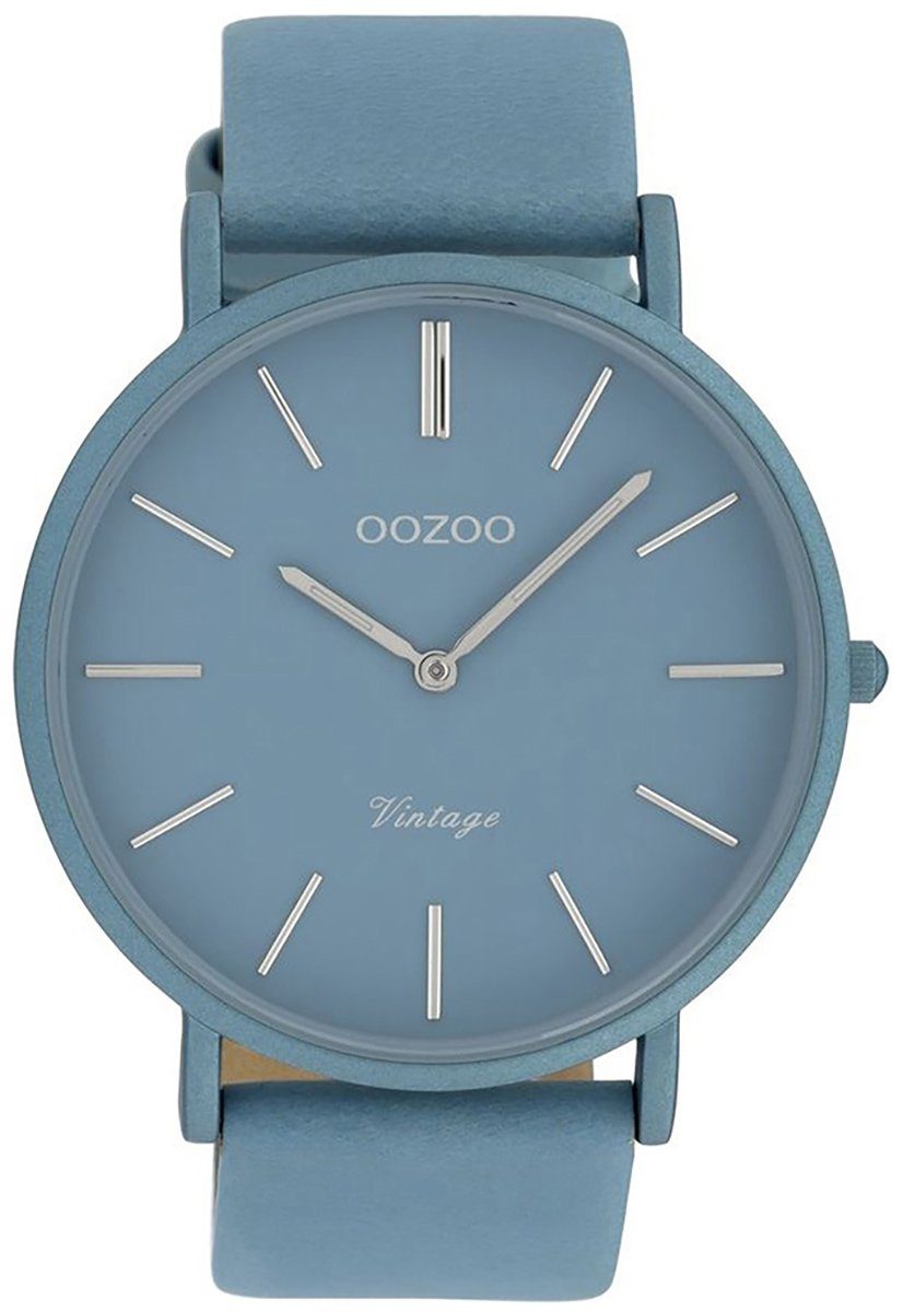 OOZOO Quarzuhr Oozoo Damen Armbanduhr hellblau, (Analoguhr), Damenuhr rund, groß (ca. 44mm) Lederarmband, Fashion-Style