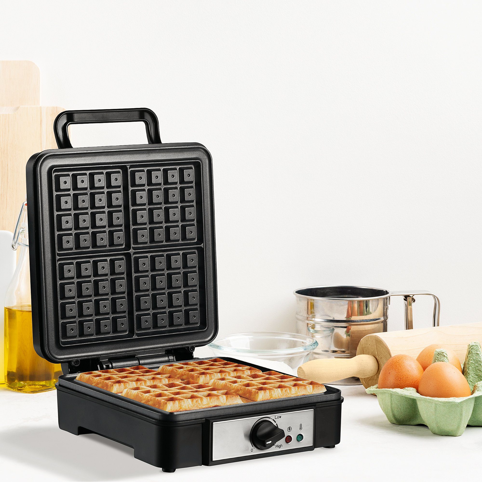 HOMCOM Waffeleisen 4 Waffeln mit antihaftbeschichteten Platten, 1200 W, Schwarz+Silber 24,5 x 31,6 x 11,3 cm