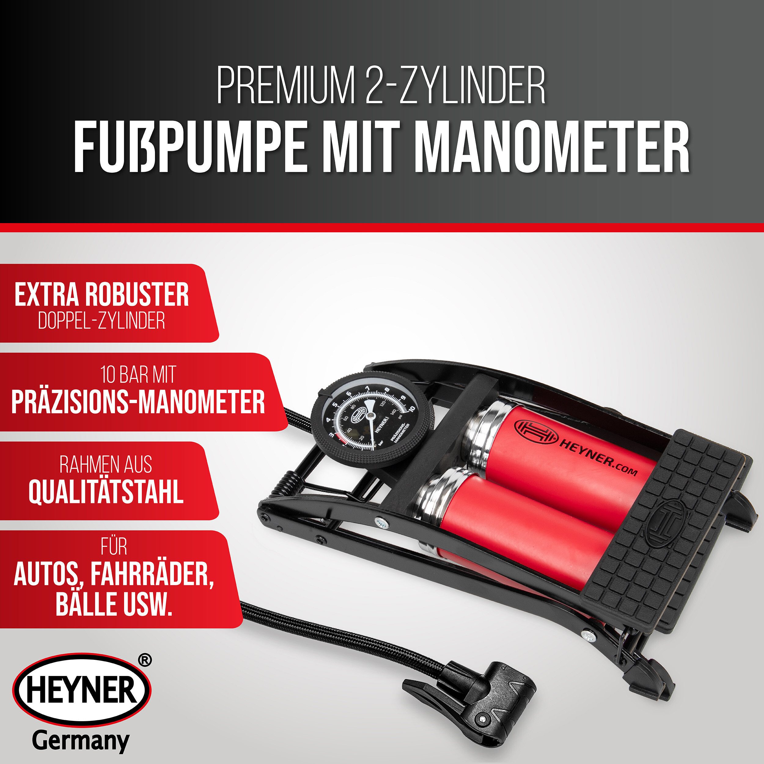 HEYNER Luftpumpe Fußluftpumpe Doppelzylinder 2 Zylinder mit Manometer 10 bar + Tasche (1-tlg)