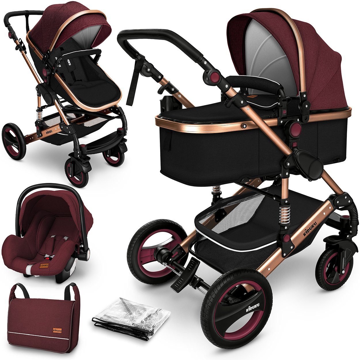 KIDUKU Kombi-Kinderwagen KIDUKU® 3 in 1 Kombi-Kinderwagen Buggy Reisebuggy, 3 in 1 Komplettset inkl. Babywanne Buggy Auto-Babyschale Fußsack, Voll-Gummireifen Wickeltasche Regenschutz Kindertisch Bordeaux