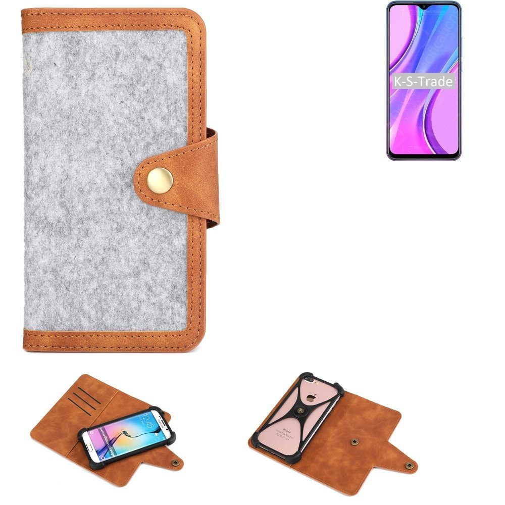 K-S-Trade Handyhülle für Xiaomi Redmi 9, Handyhülle Schutzhülle Filz-Hülle Kunst-Leder hellgrau braun