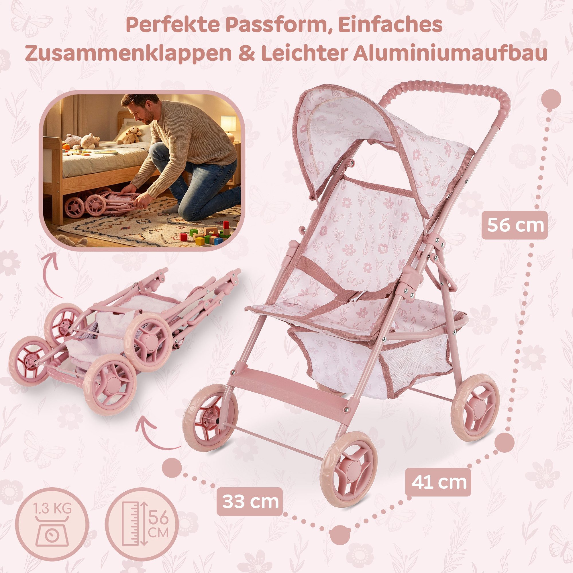 kinderplay Puppenbuggy Puppenwagen Buggy – Leicht & klappbar – Für Kinder – Sicher & stabil