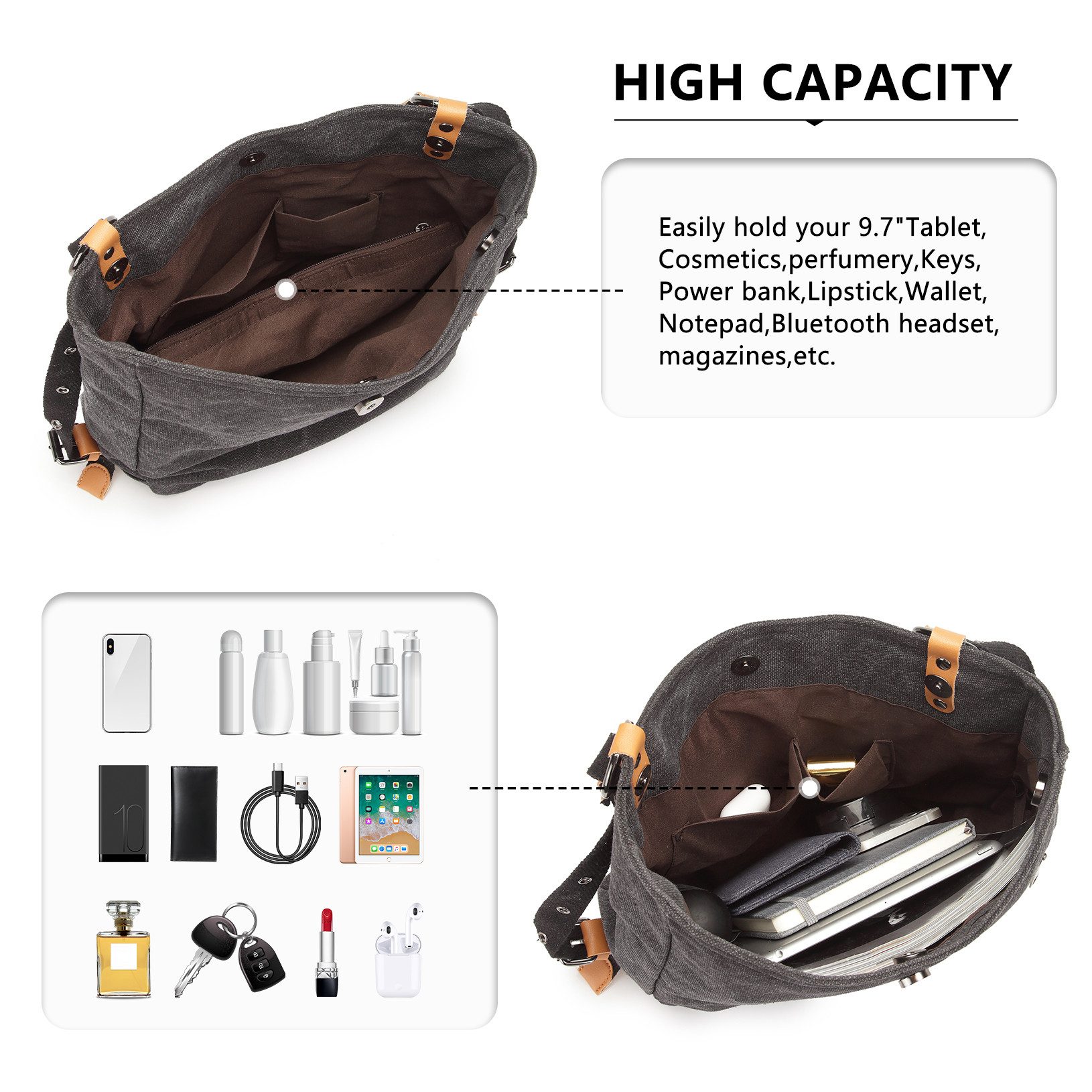KONO Handtasche Canvas Handtasche 2 in 1 Canvas Verstellbare Schultergurte – Bild 5 von 5