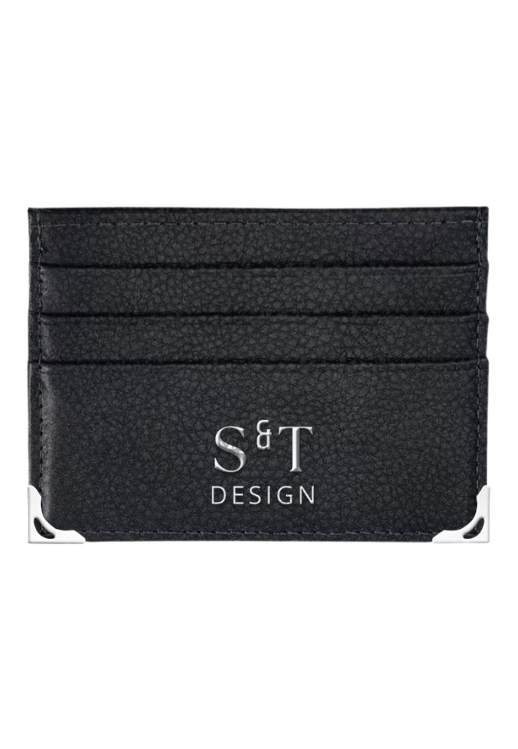S&T Design Brieftasche Cardholder Kreditkartenetui Leder Optik Slim Wallet (Einzelset, Inklv. Geschenkbox), Luxus Kartenetui Metall Ecken Portemonnaie Minimalistisch Dünn Schwarz