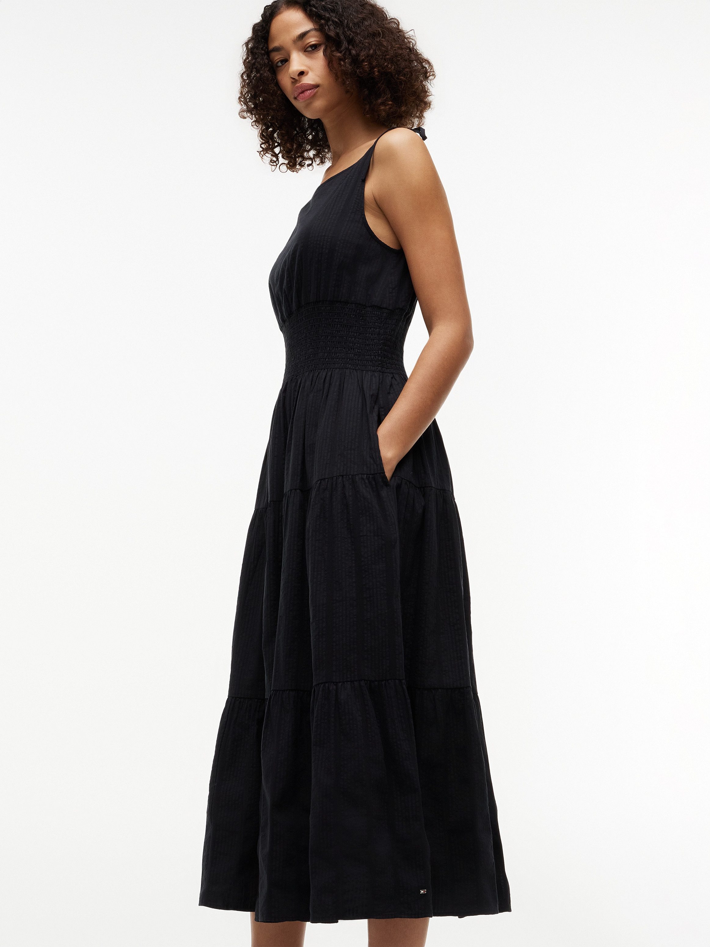 Tommy Hilfiger Trägerkleid SMOCK TIE NS MIDI DRESS Baumwollmischung, Smok-Einsatz