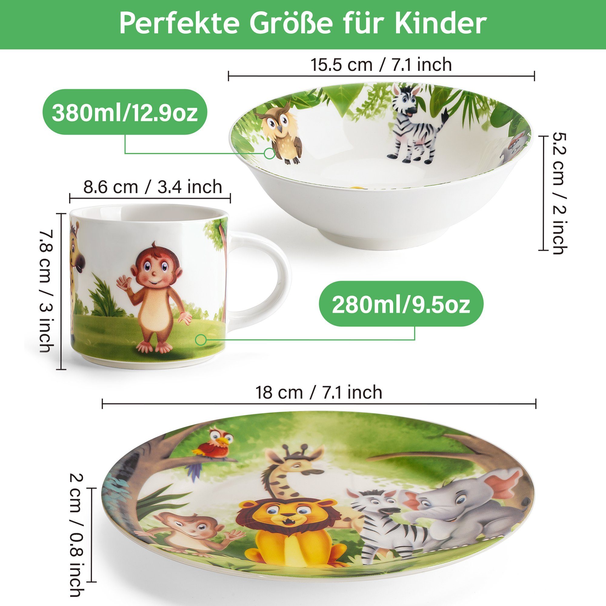 MiaMio Kindergeschirr-Set Jungle Motiv Grün (3-tlg), 1 Personen, Keramik, Teller, Schüssel und Tasse mit Kindermotiv – Bild 2 von 5